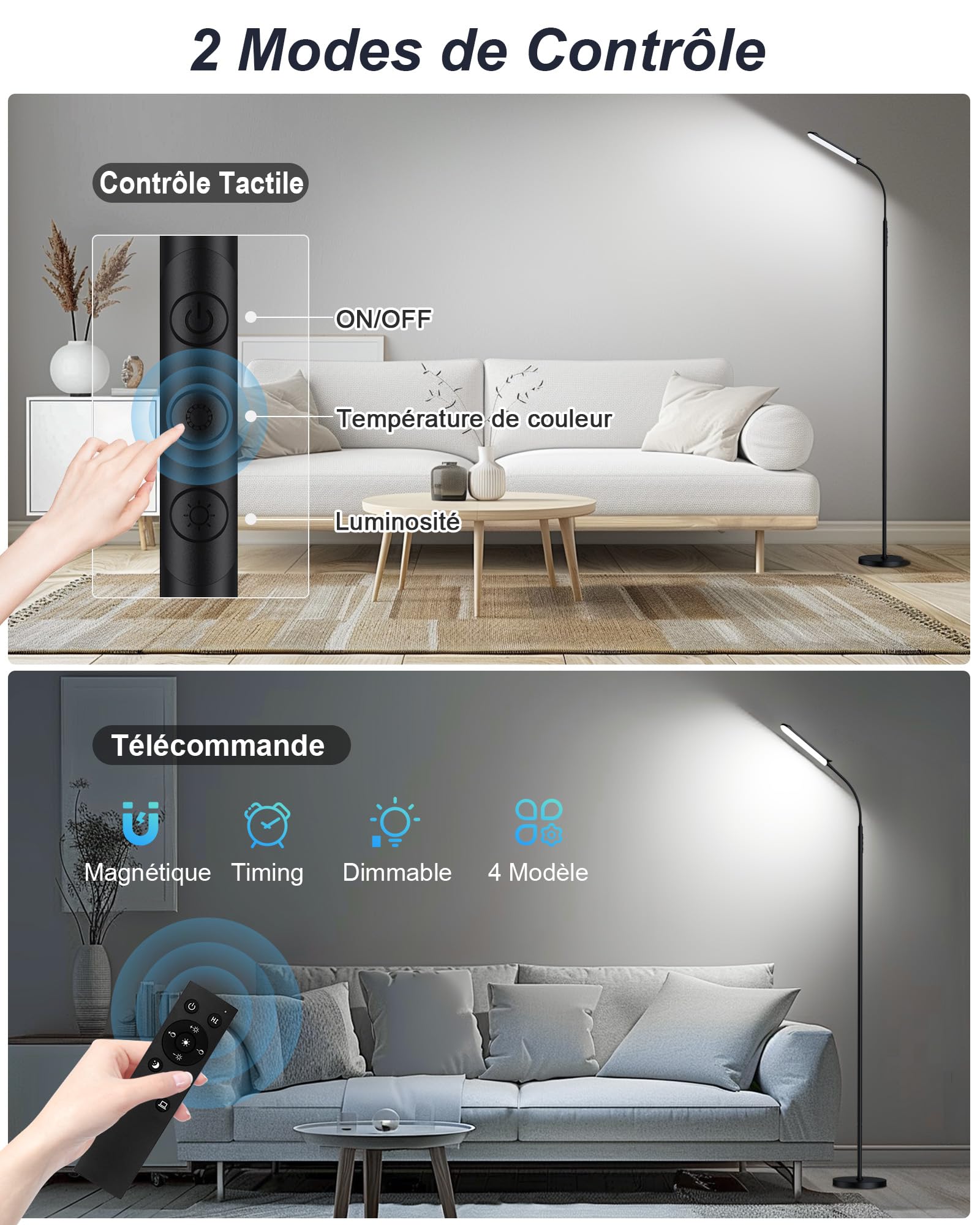 Lampe sur Pied, Lampadaire LED 18W 2200LM avec Télécommande et Contrôle Tactile, Dimmable Linéaire Température Couleur et Luminosité, Minuterie 1-Heure, Lampadaire Flexible à Col de Cygne (18W)