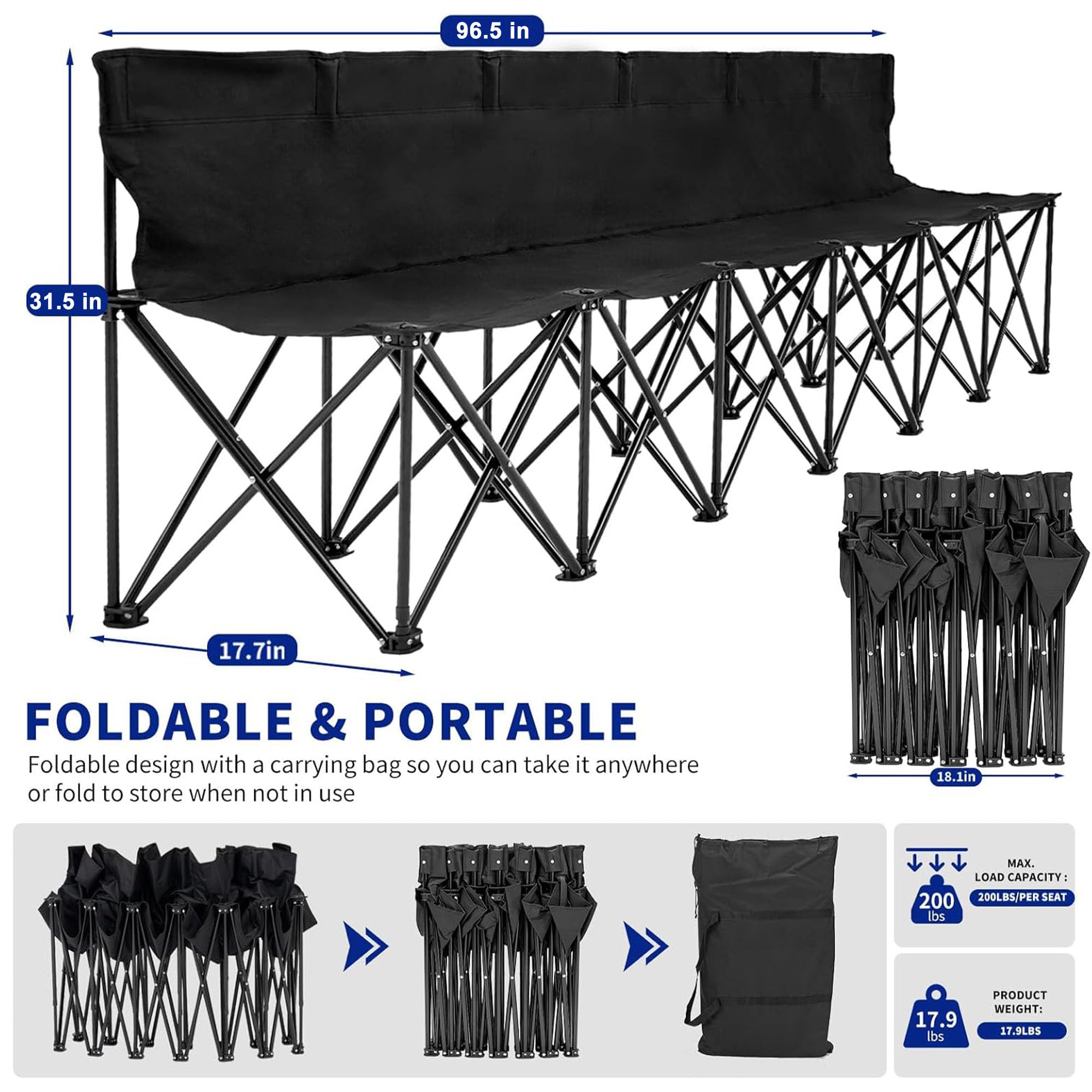 Panca sportiva pieghevole con schienale – Seduta laterale portatile a 6 posti per campeggio, tailgating, eventi di calcio e calcio