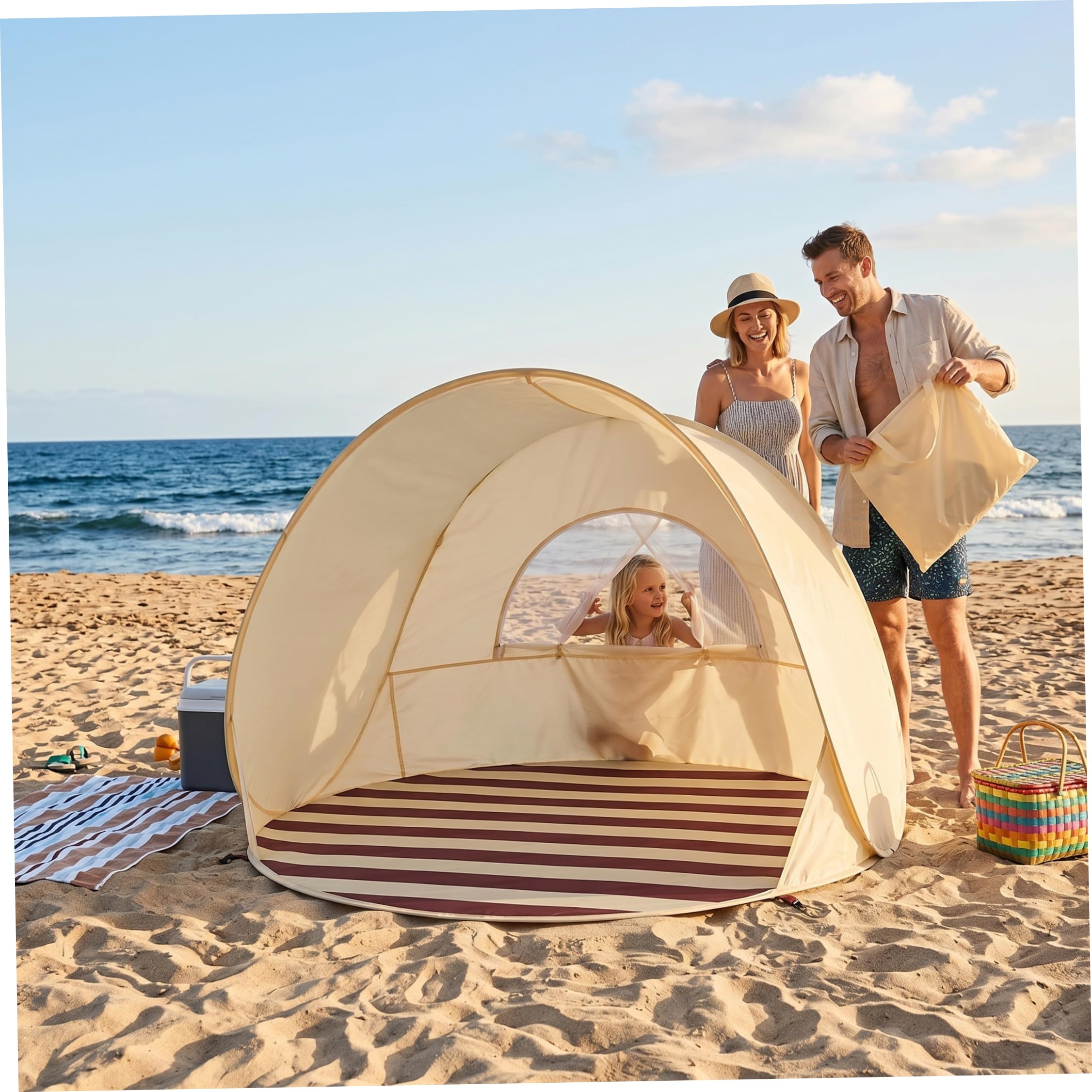 Tente de Plage Anti UV pour bébé, Tente de Plage, Pop-Up instantané Anti UV pour 2-3 Personnes avec Accessoires, Pare-Soleil ventilé et Portable pour l'extérieur, Beige