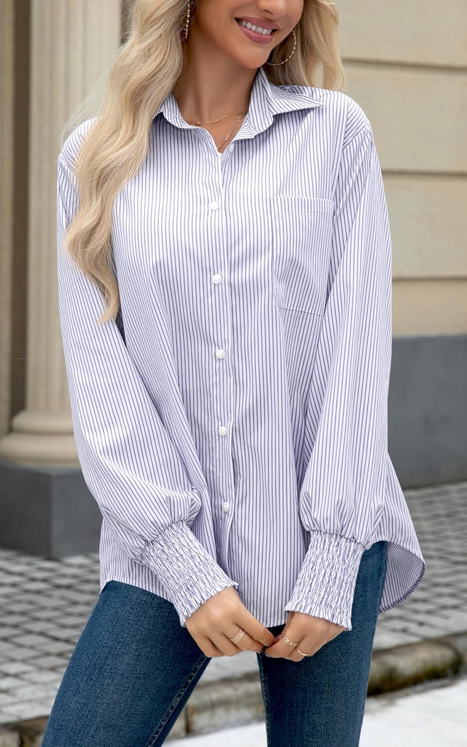 OMSJ Women’s Striped Button Down Shirts Smocked Cuffed Sleeve Stylish Collared Office Work Blouses with Pocket - Image 2