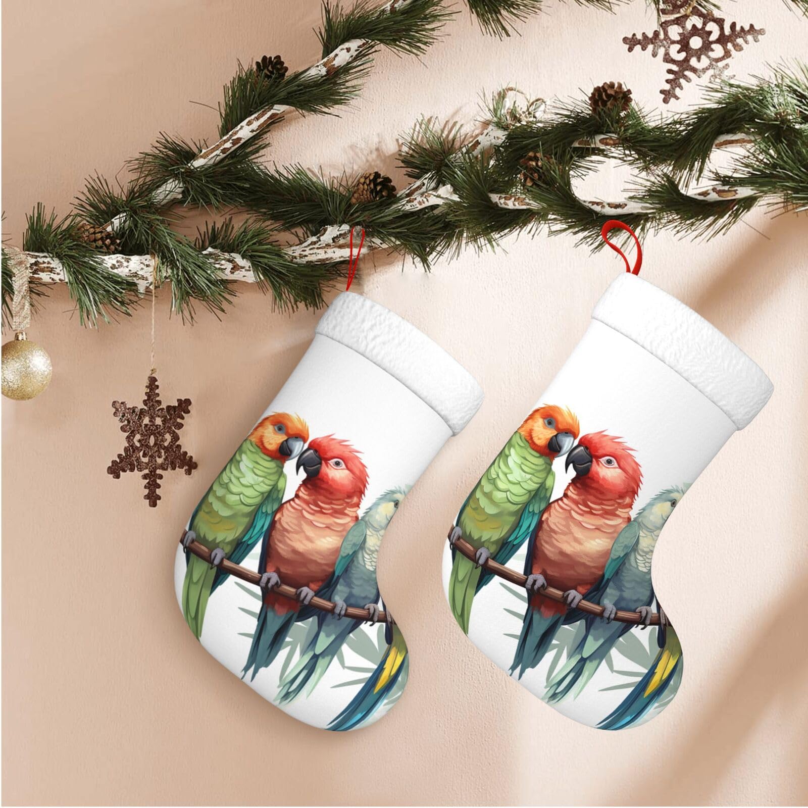 Colorful Parrots On Tree Christmas Stockings Velvet Xmas Fireplace Hanging Stocking with Plush Cuff Rustic Christmas Santa Stockings for Home Christmas Decorations Party Favor Supplies