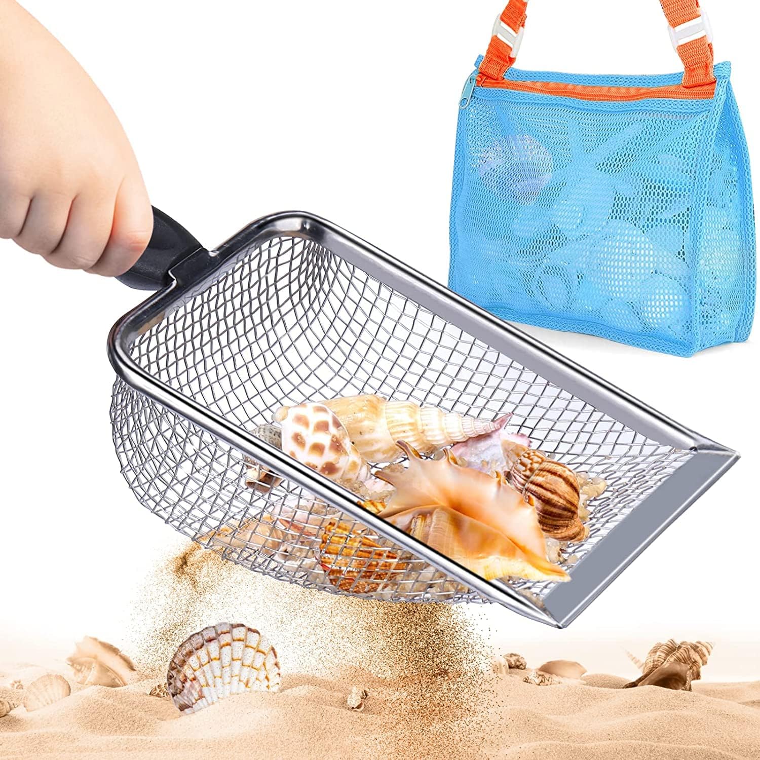 Beach Mesh Shovel with Mesh Beach Bag for Shell Collecting, Kids Filter Sand Scooper for Picking Up Shells, Shark Tooth Sifter Dipper for Boys and Girls, Beach Tool