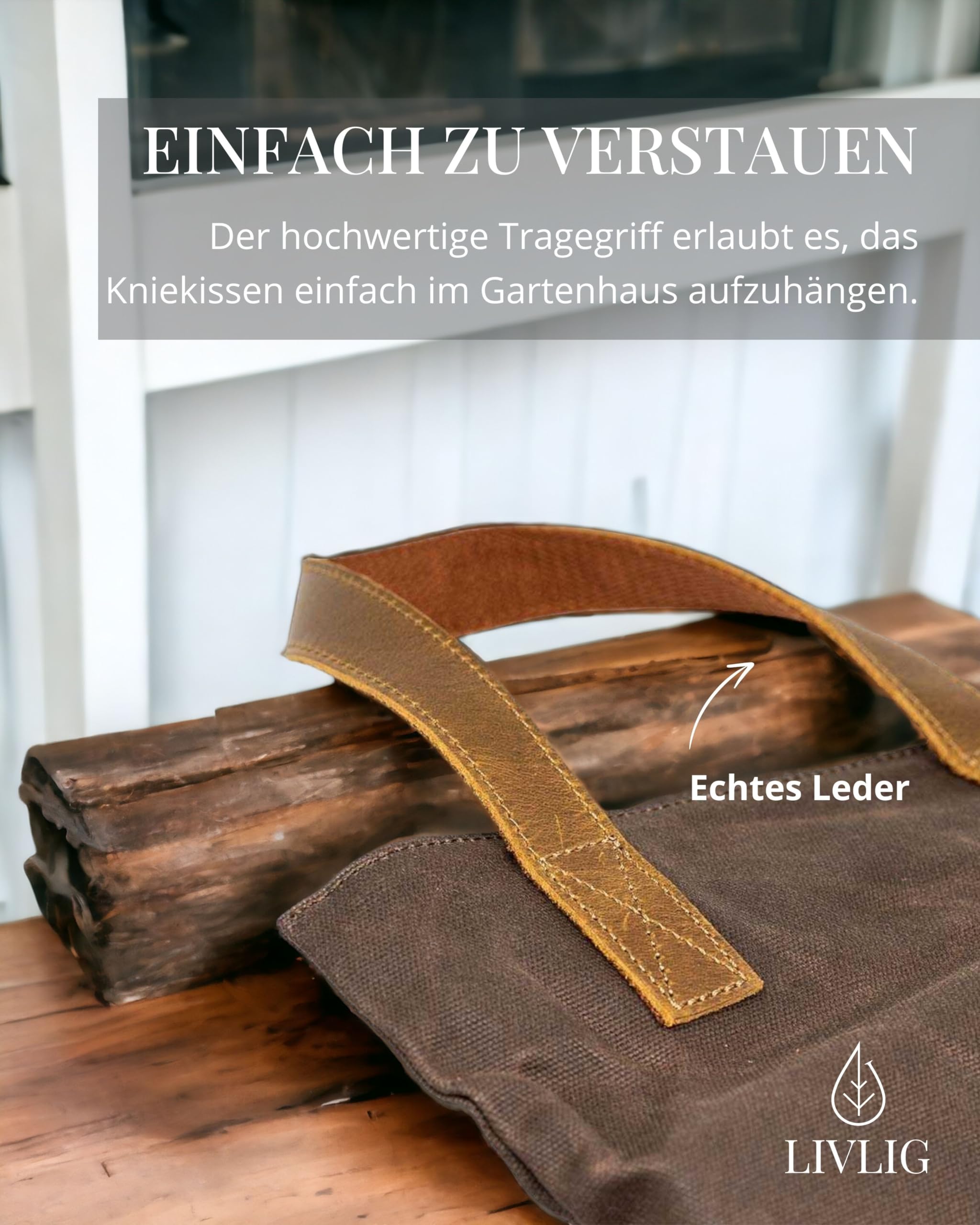 LIVLIG Kniekissen Garten 45×22 cm, wasserabweisendes Kniepolster aus gewachstem Canvas mit Ledergriff, Garten Kniekissen für Gartenarbeit & Handwerk, Braun