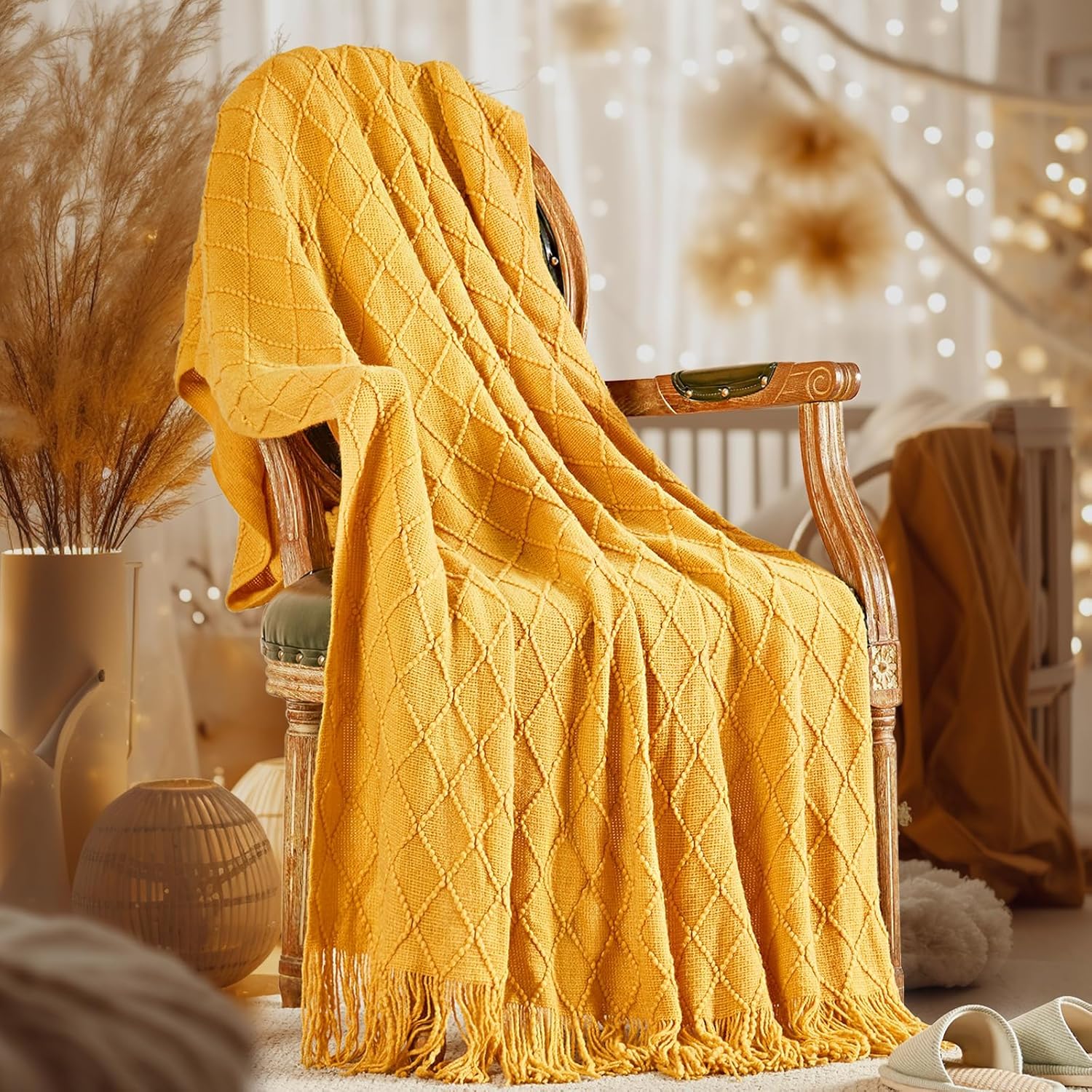 inhand Knitted Decorative Mustard Yellow Throw Blanket for Couch, Fall