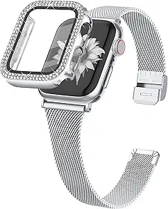 Joyozy Slim Stainless Steel Band Compatible with Apple Watch 38mm 40mm 41mm 42mm 44mm 45mm 46mm Milanese Strap with Bling Glitter Case Built-in Screen Protector Dressy Bracelet Band for Women (Silver 40mm)