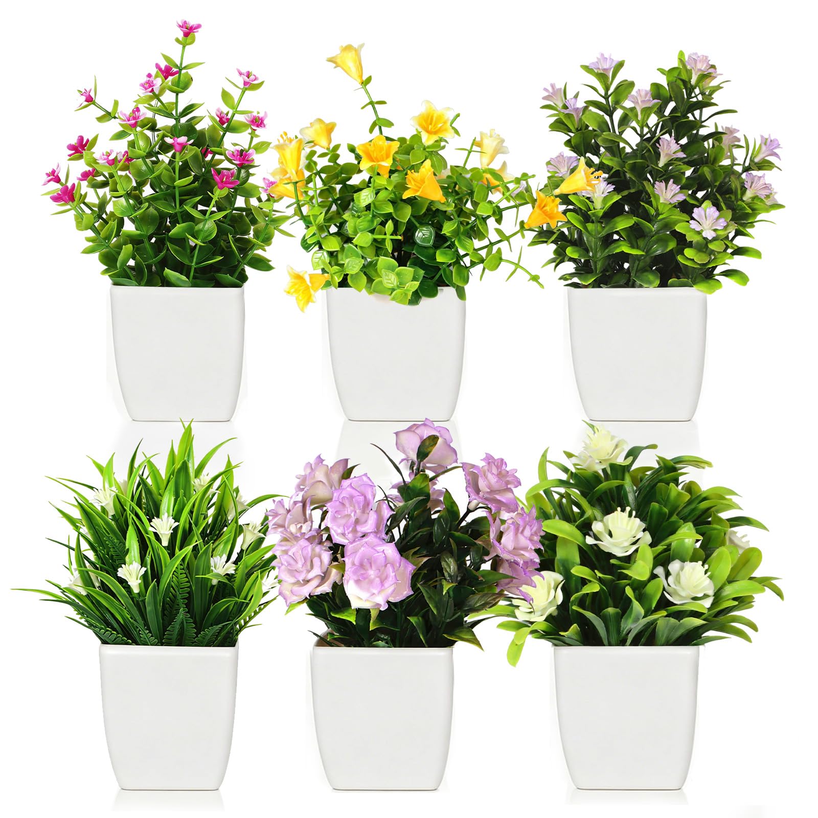 crayfomo 6 Pack Artificial Plants in Pots Small Fake Plant Flowerpot, Faux Plants Indoor with Plastic Pot for Home Office Desk Table Decoration