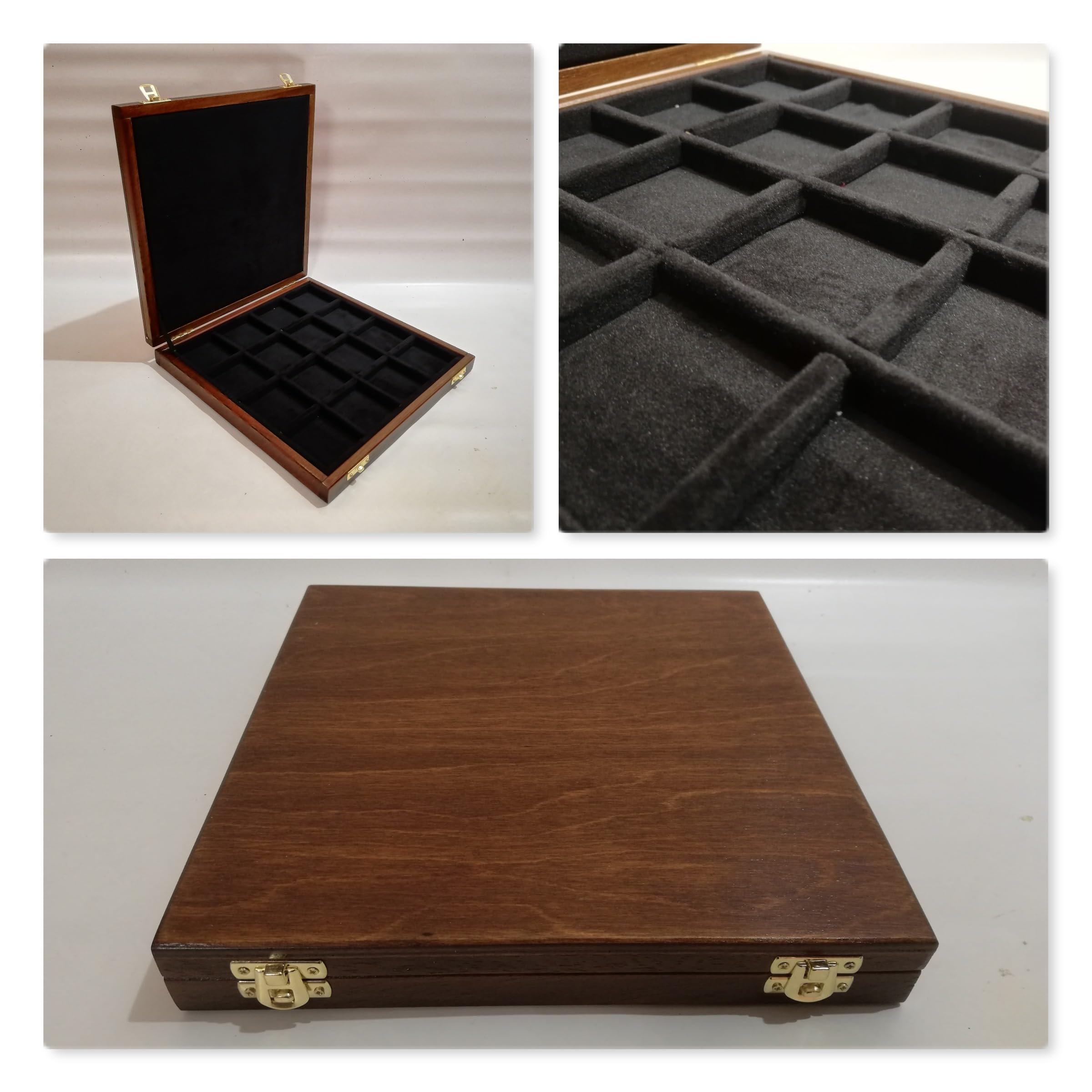 Coffret numismatique Artisanal 16 Compartiments 50x50 mm – écrin en Bois et Velours pour pièces et médailles de Collection, Fait Main, certifié