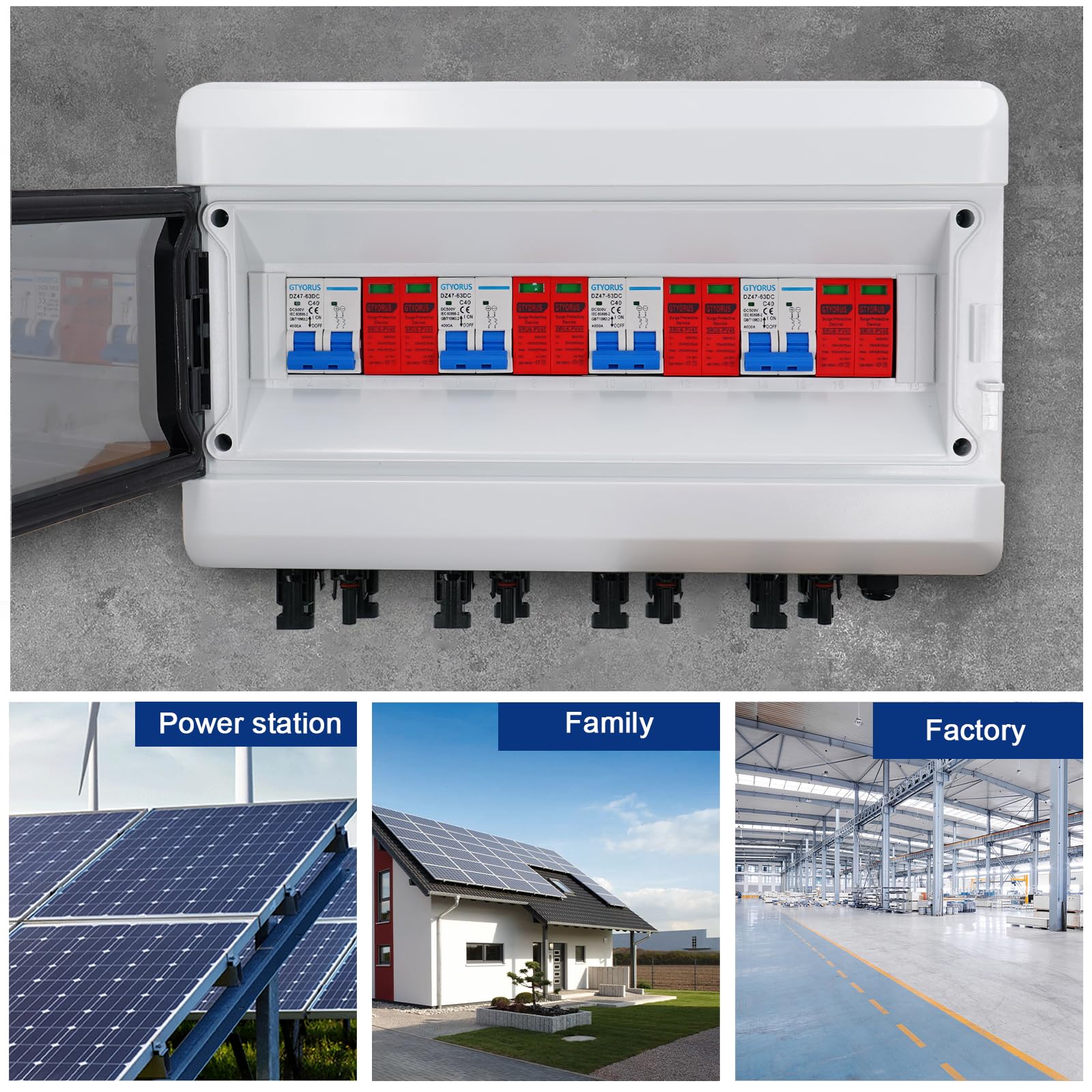 Solarna skrzynka przyłączeniowa fotowoltaiczna, IP65, przepięć prądu stałego, 4-żyłowa, 500 V, PV DC, wyłącznik z wtyczką solarną (4 w 4 wyjścia, 40 A)
