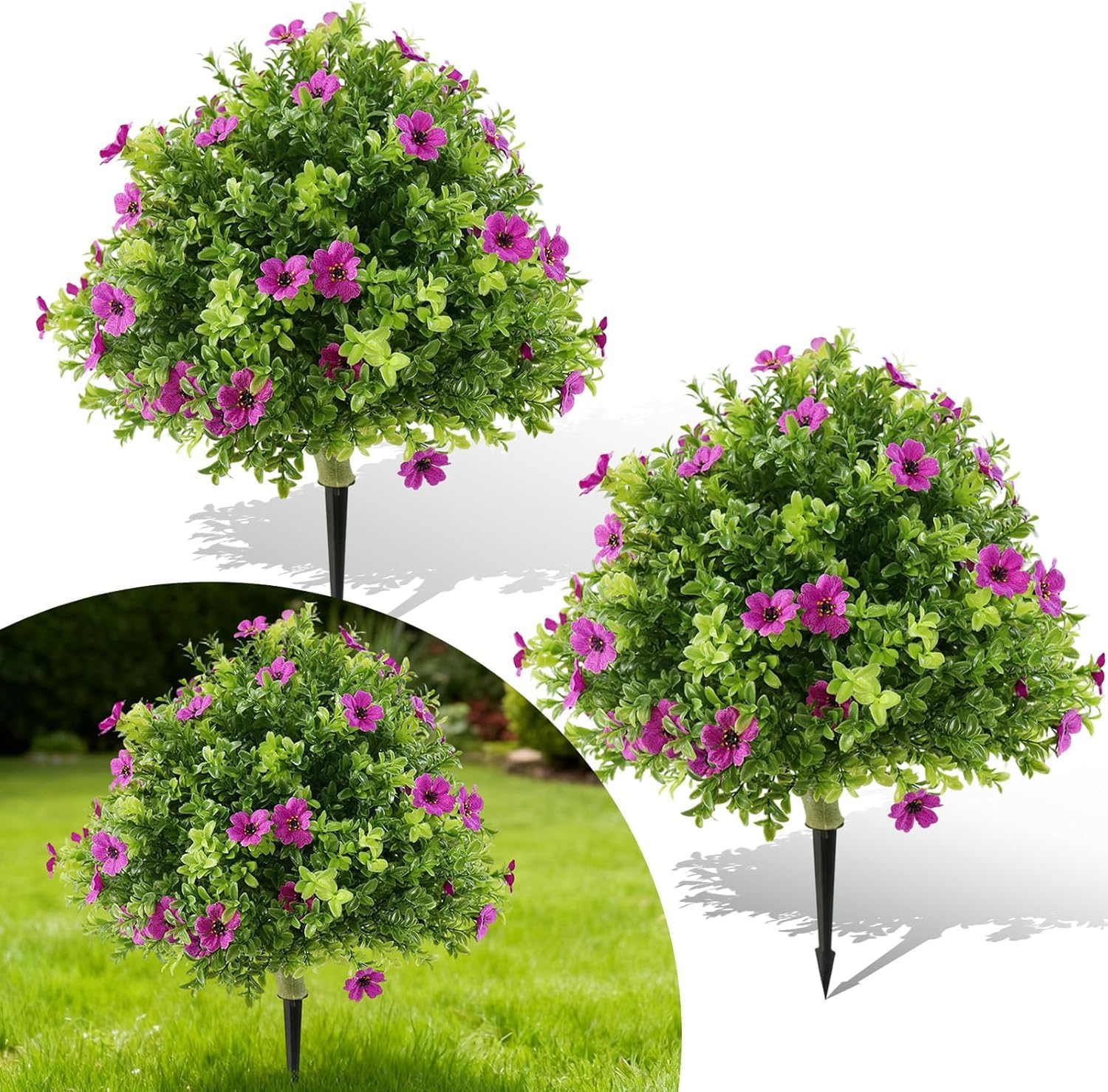 Aptliton Set of 2 Artificial Boxwood Topiary Ball Trees 60cm UV-Resistant Faux Shrubs with Pink Flower Accents Maintenance-Free Ground Spikes Indoor Outdoor Porch Patio Garden Decor, Purple