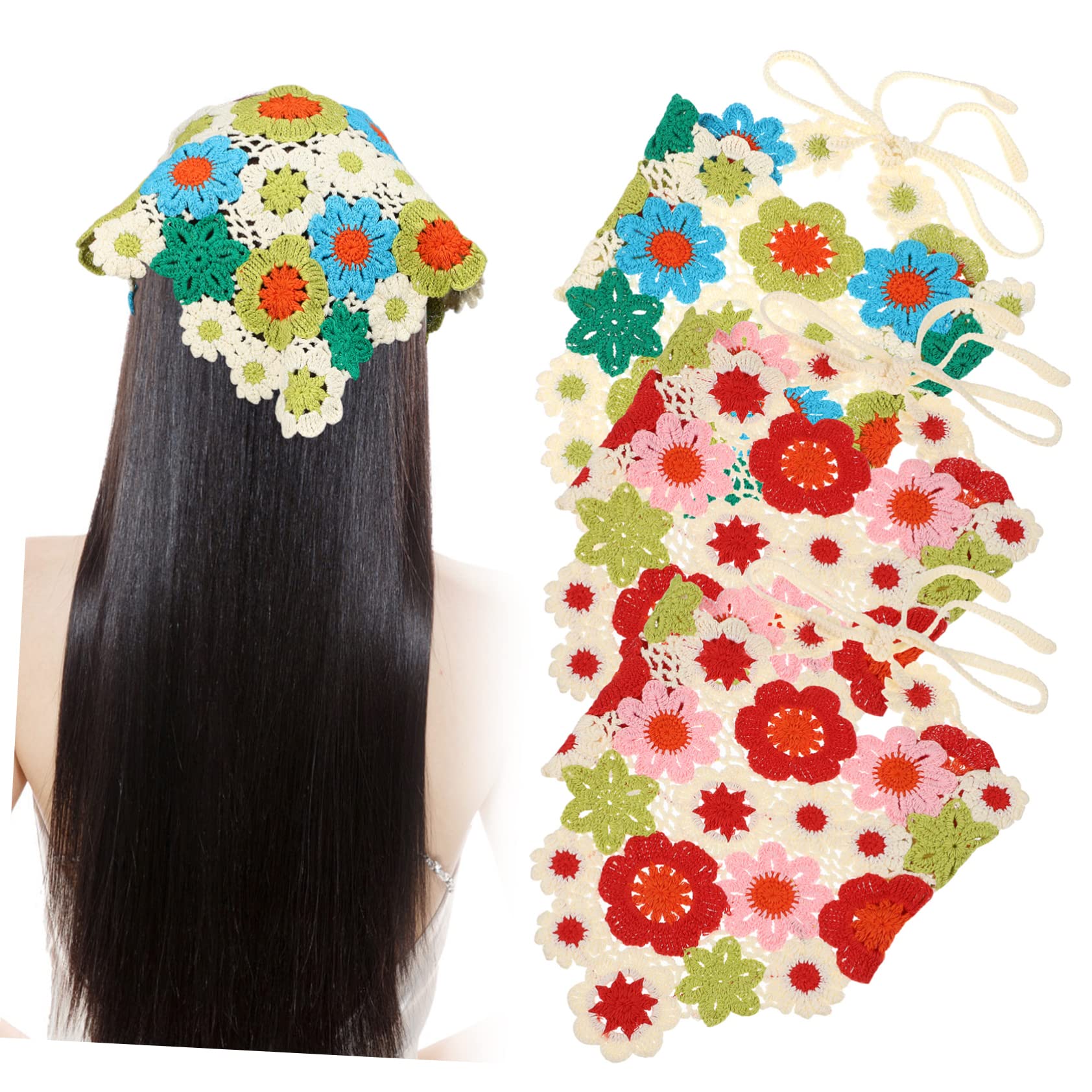 BESTYASH 3pcs Floral Headscarf Spa Head Wraps Crocheted Hair Bandana for Women Flower Pattern Soft Elastic Breathable