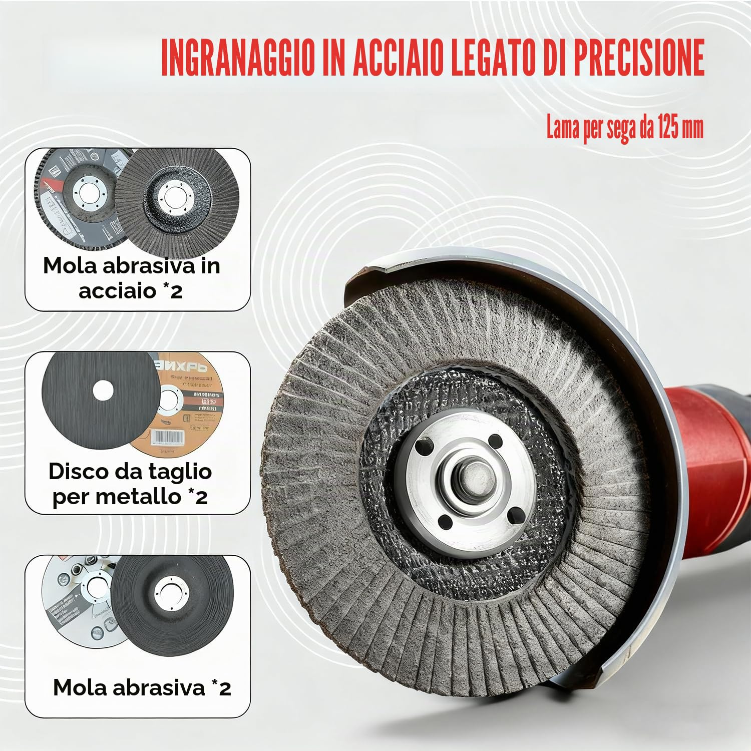 Smerigliatrice angolare a batteria compatibile con Milwaukee 18V, fresa angolare con ruote da 125 mm, strumento di levigatura senza spazzole 800W 12000 giri/min, smerigliatrice angolare con 6 dischi