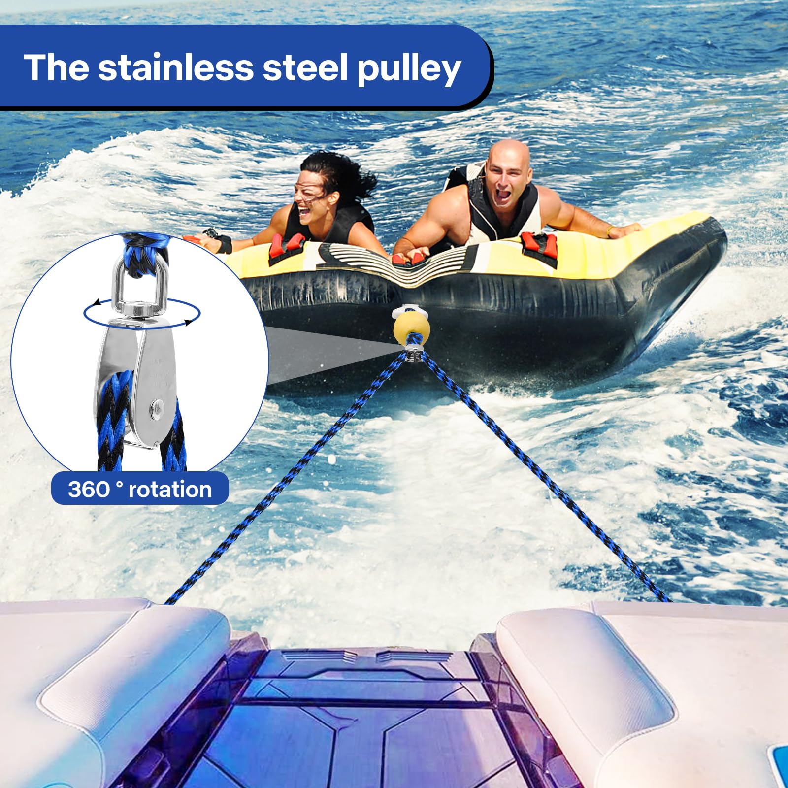 Arnés de remolque de barco resistente para tubos, cuerda de remolque para deportes acuáticos para remolques y tubos de barco, línea de arnés de remolque autocentrante con conector rápido de clip y
