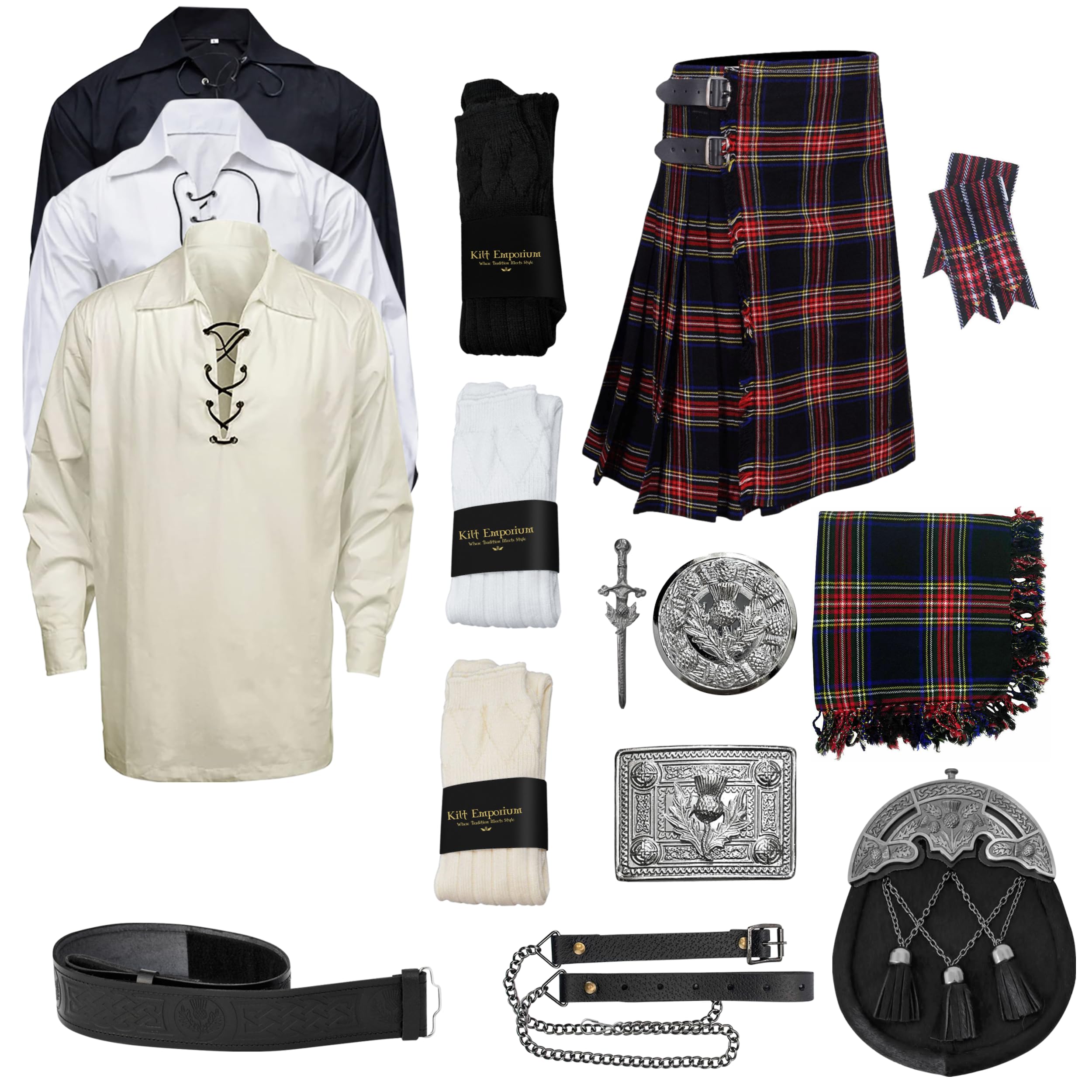 kilt Emporium: Scottish Thistle Set - Complete Tartan Kilts, Black Stewart, 10 Pieces
