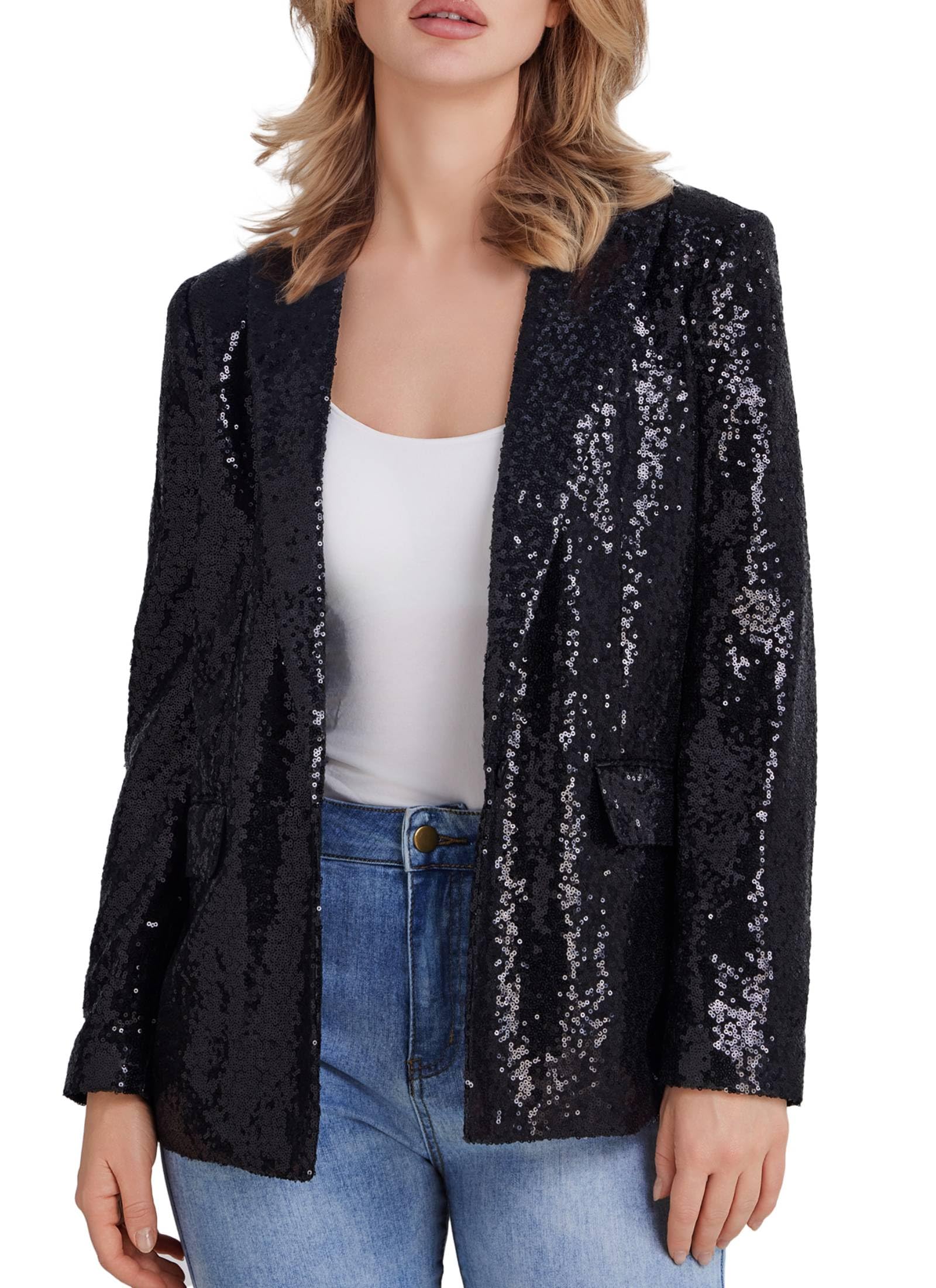 Womens Sequin Suit Jacket Open Front One Button Long Sleeve Blazers Party Sparkly Cardigan Coat with Pockets