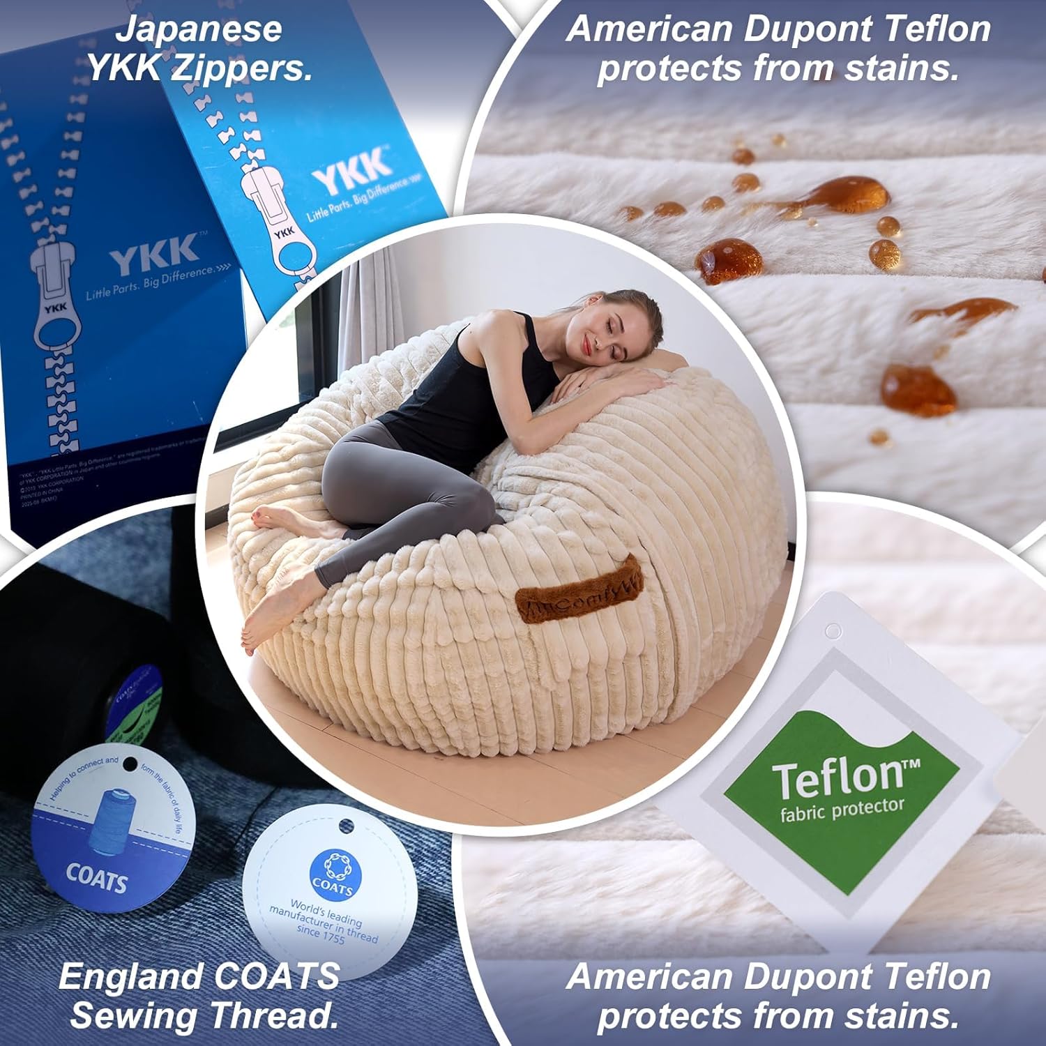 4ft Bean Bags Chair for Adults, Giant Beanbag Chair with Memory Foam Filled, Soft Comfy Large Bean Bag Couch Big Sofa Bed for Living Room Bedroom (Beige)