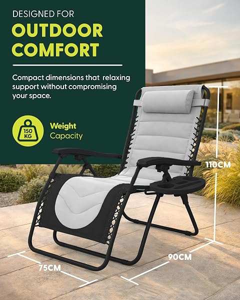 KEPLIN KEPLIN Set of 2 XXL Premium Heavy Duty Padded Two Tone Zero Gravity Chairs - Luxurious Garden Recliners, Adjustable Headrest, Cup & Phone Holder, Foldable, Patio Sun Loungers - 150kg Weight Capacity in use