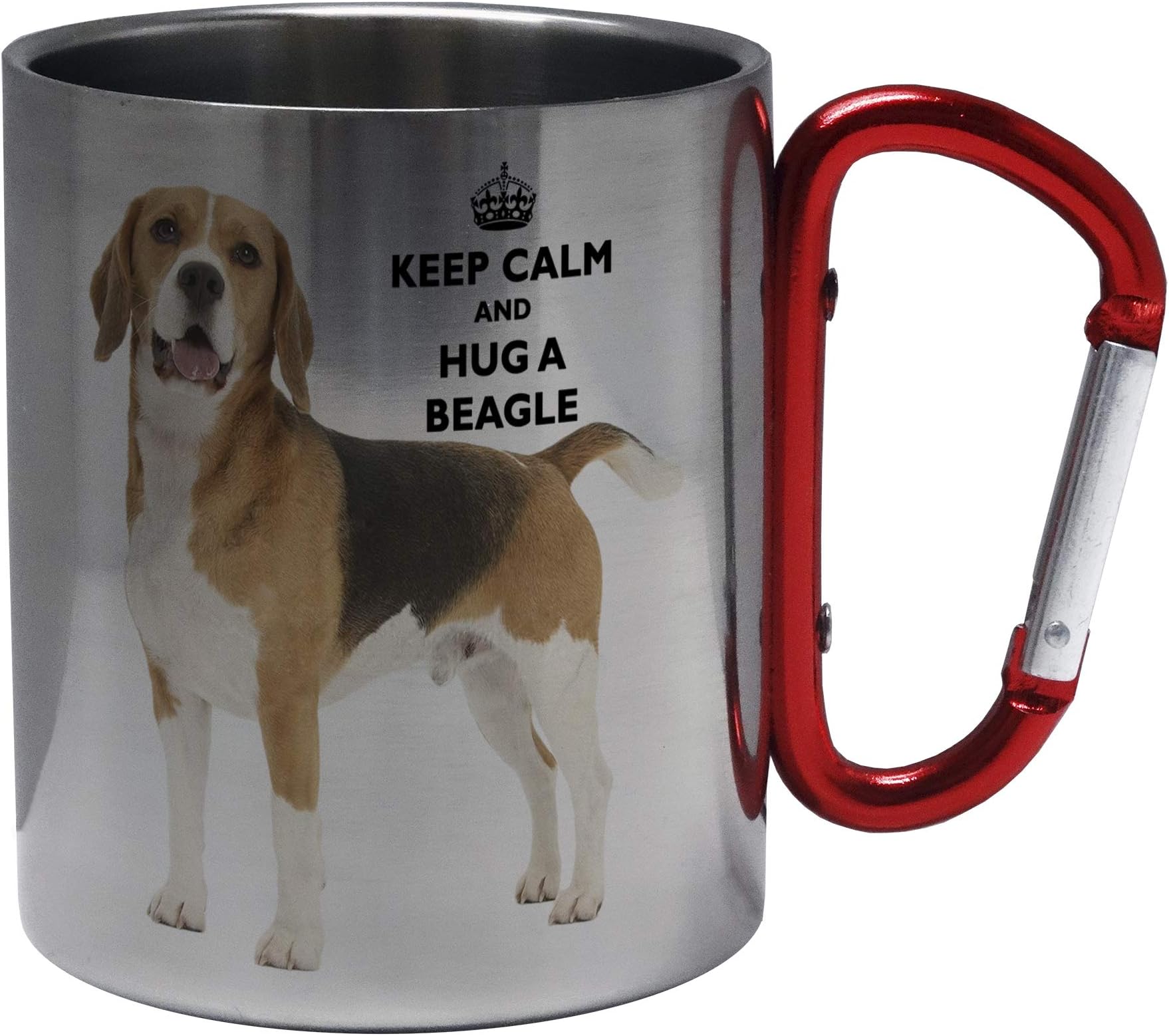 Keep Calm and Hug A Beagle Novelty Stainless Steel Mug w/Carabiner Handle