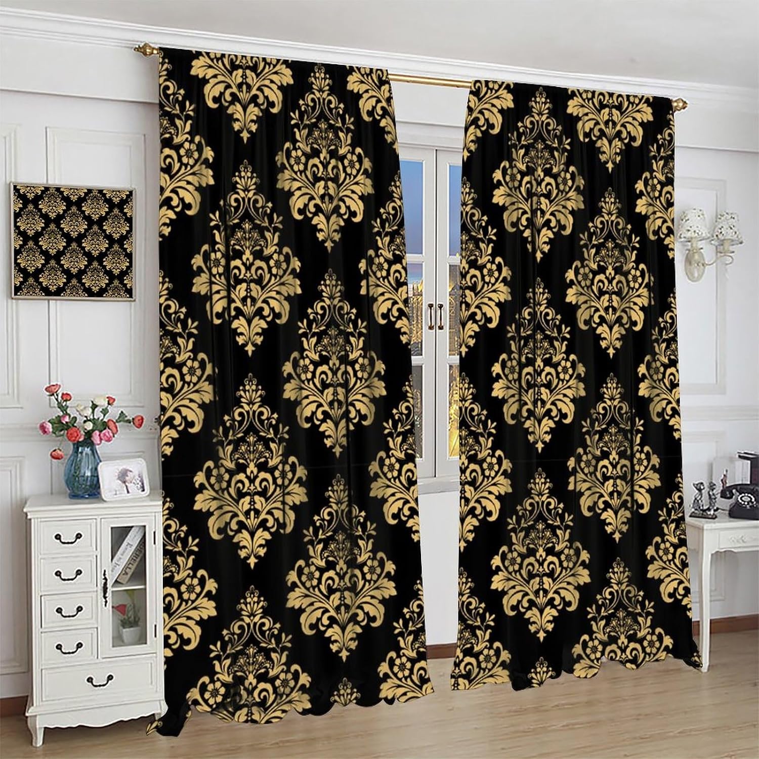 Baroque Style Curtains, Gold Black Floral Ornament Retro Damask Pattern Window Treatments, Rod Pocket Thermal Insulated Drapes 2 Panel Sets for Bedroom Living Room, 42" W X 45" L【Decor】