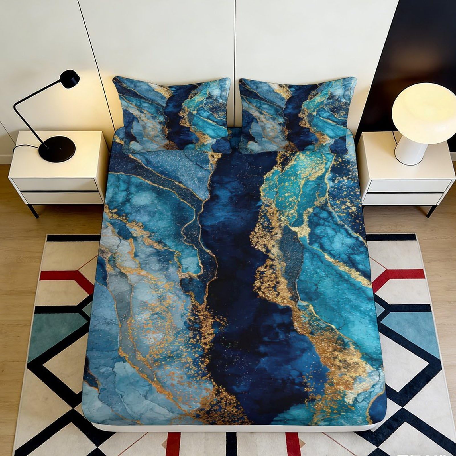 3D Printed Blue Marble Fitted Sheet Microfiber Soft Breathable Gold Vein Mattress Cover for Bedroom Dorm Decor 140x200x25cm