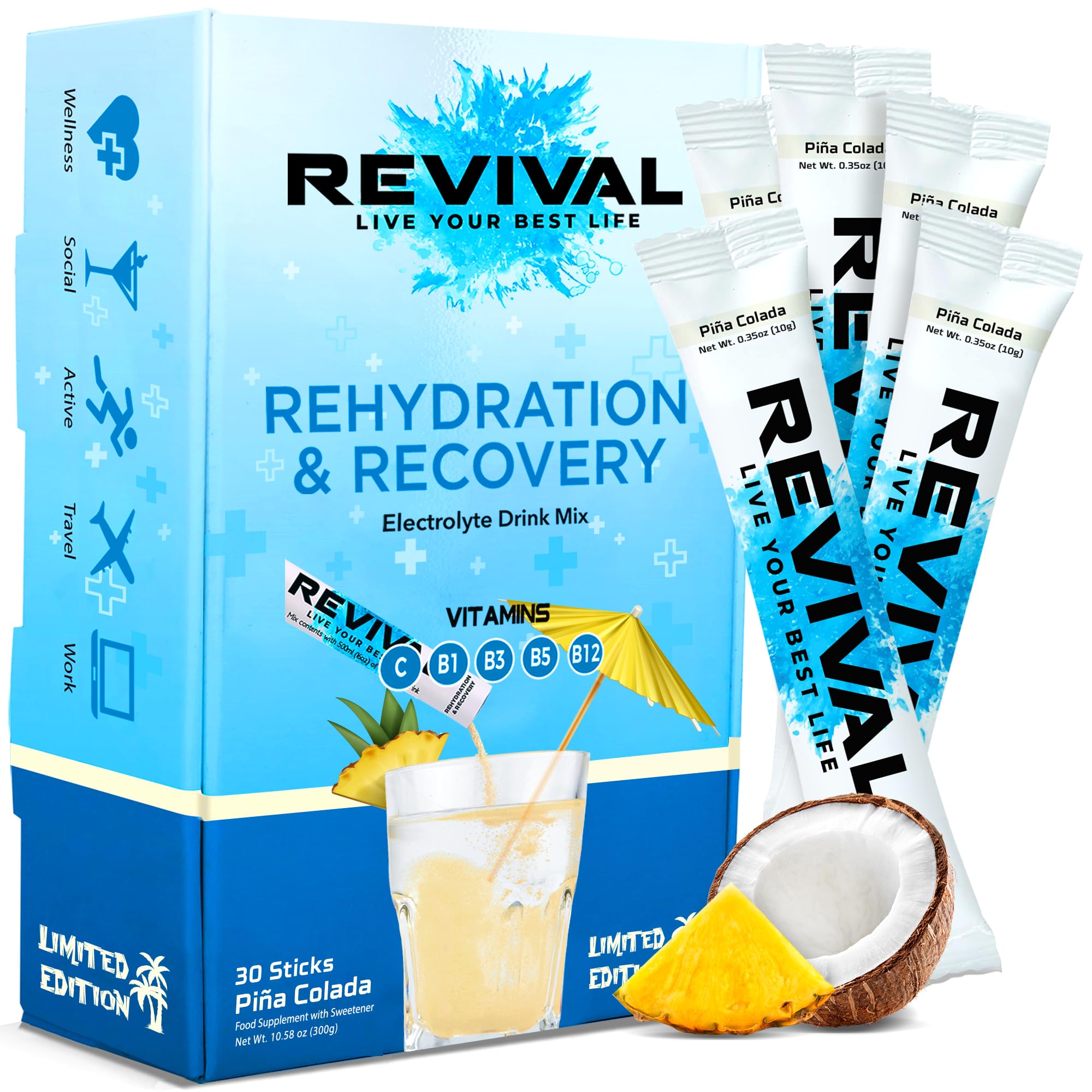 Revival Rapid Rehydration, Electrolytes Powder - High Strength Vitamin C, B1, B3, B5, B12 Supplement Sachet Drink, Effervescent Electrolyte Hydration Tablets - 30 Pack Pina Colada