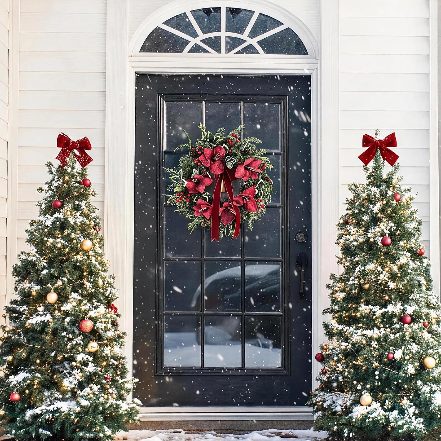 CYANBLOOM 24" Christmas Wreath for Front Door with Red Berries Velvet Bow