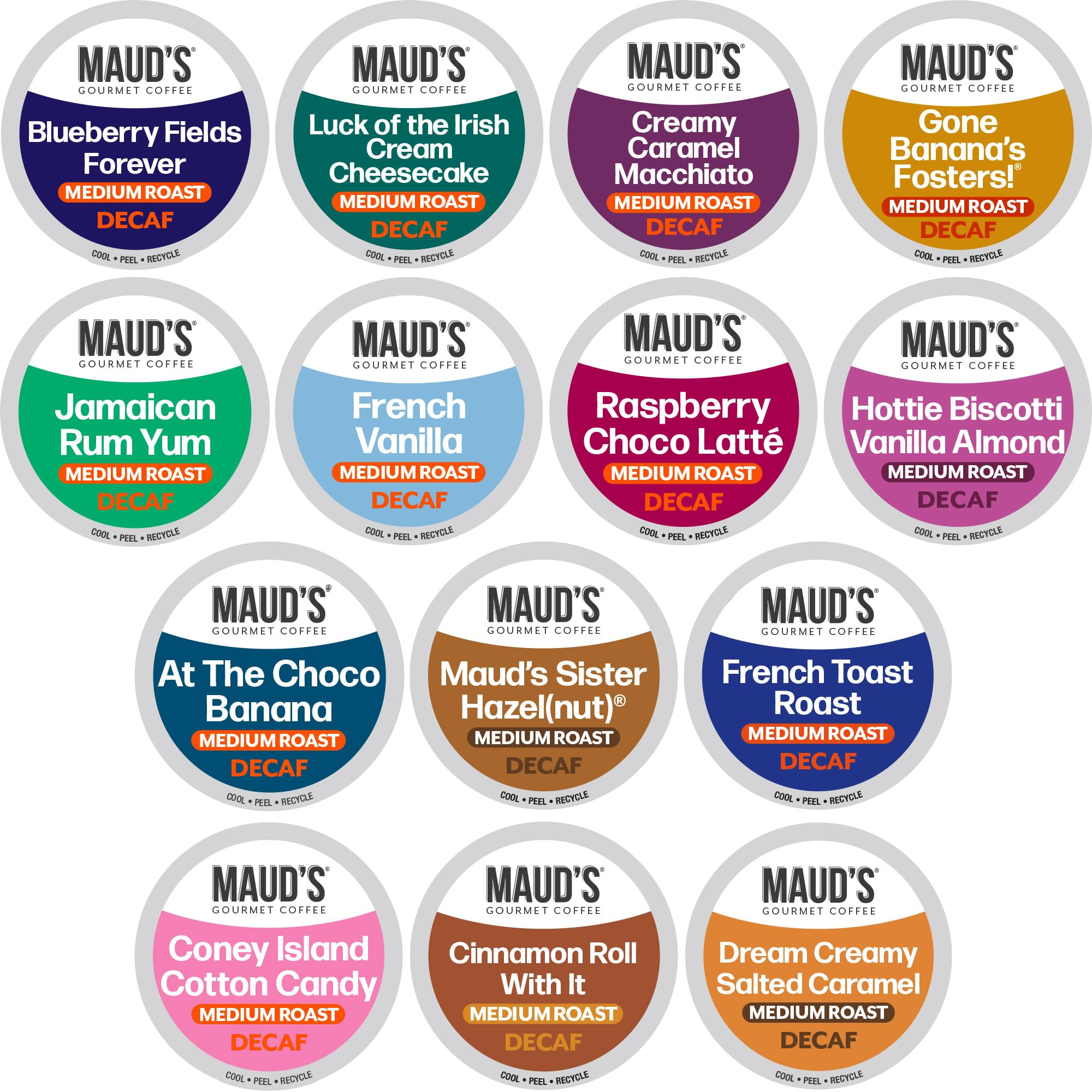 MAUD'SFlavored Decaf Coffee Pods Variety Pack, 80 ct,14 Assorted Roasts & Flavors, Decaf Medium Roast Coffee in Recyclable Single Serve Pods - 100% Arabica Coffee, Compatible with Keurig K Cups Maker