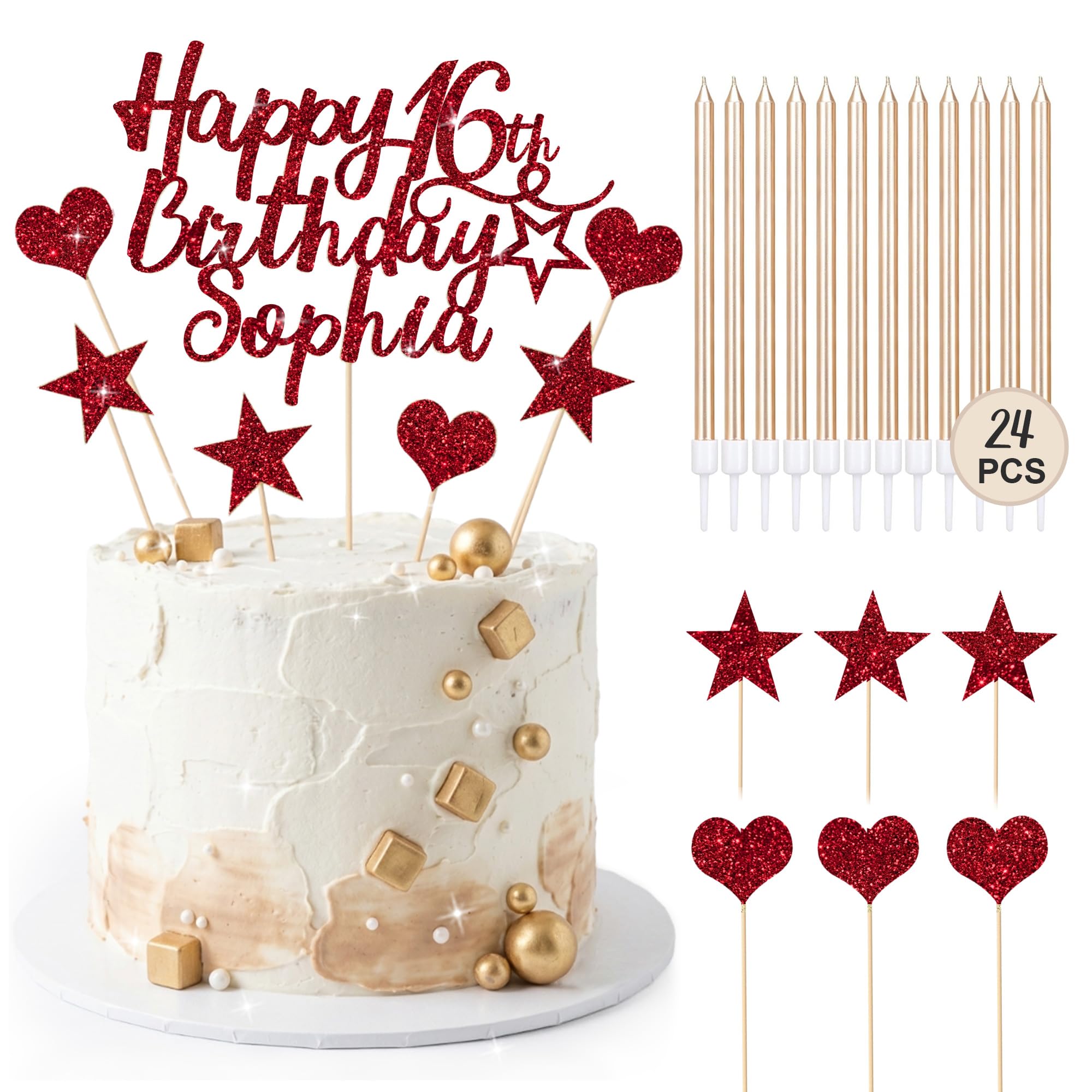 EDSG Personalised Happy Birthday Cake Topper with 24 Candles, Double-Sided Glitter Cake Decorations with Any Age Name, Birthday Party Supplies for Boys Girls Women Man (Red) — image 1