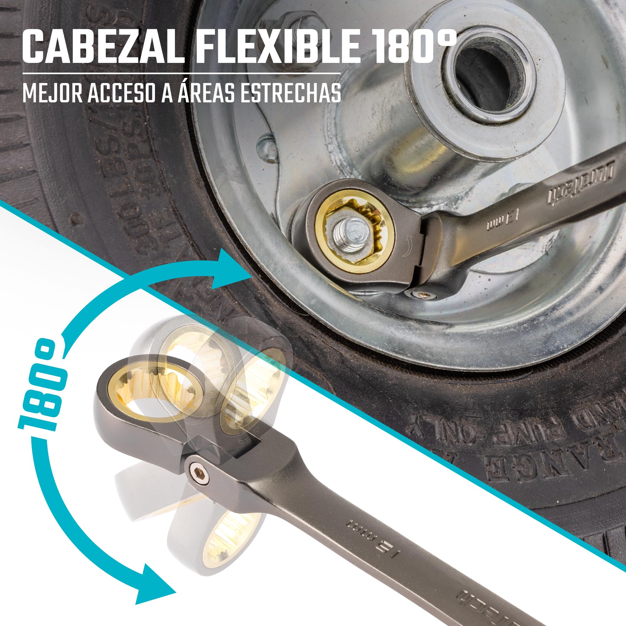 DURATECH Juego de llaves de trinquete con cabeza flexible antideslizante, juego de llaves combinadas, 12 piezas, 72 dientes, métricas, 8-19 mm, acero CR-V, organizadas en estuche de almacenamiento