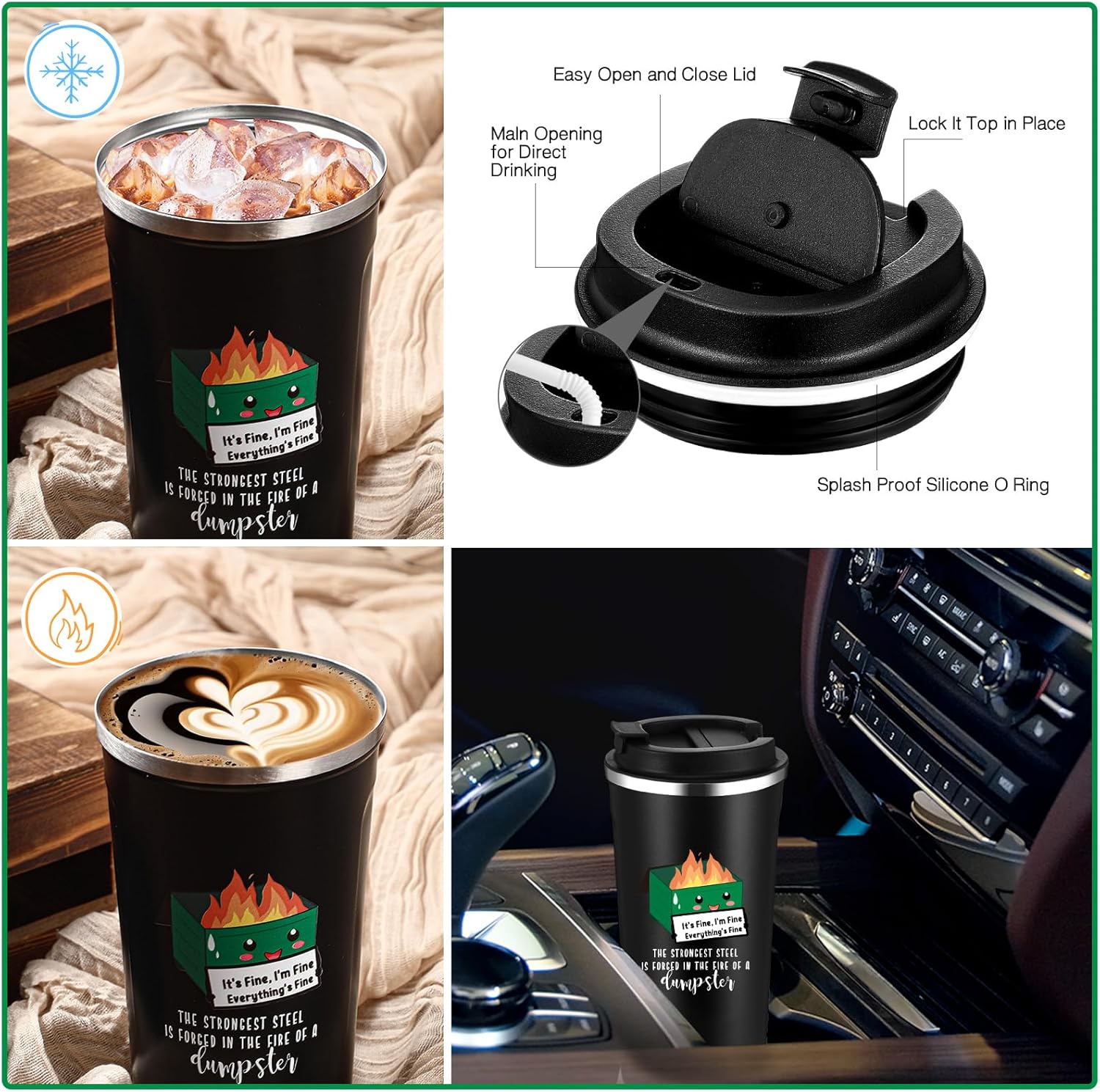 Skylety 1 Pc Dumpster Fire Funny Tumbler 17oz Employee Appreciation Gift for Adult Coworker Office Desk Accessories, Positive Everything Is Fine Mug Bulk White Elephant Gift (Green) - Image 3