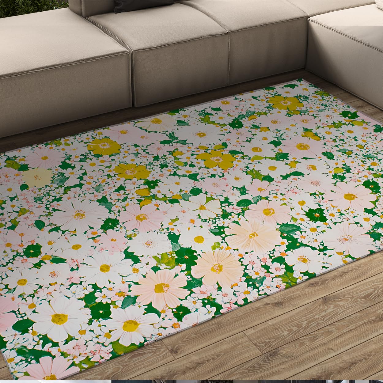 Tapis 120x180cm fleuri rose et vert lavable en machine pour chambre fille