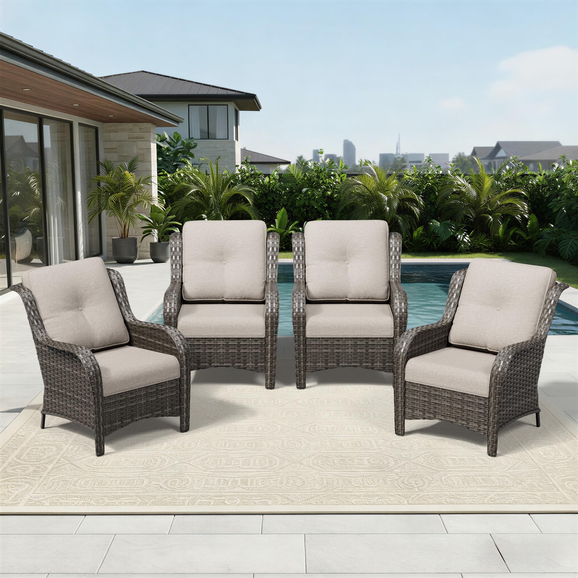 Joyside 4 Piece Wicker Patio Furniture Set, Rattan Patio Chairs with High Back, Deep Seating, Wide Armrest, Thickened Cushions, Outdoor Furniture for Deck, Porch Use