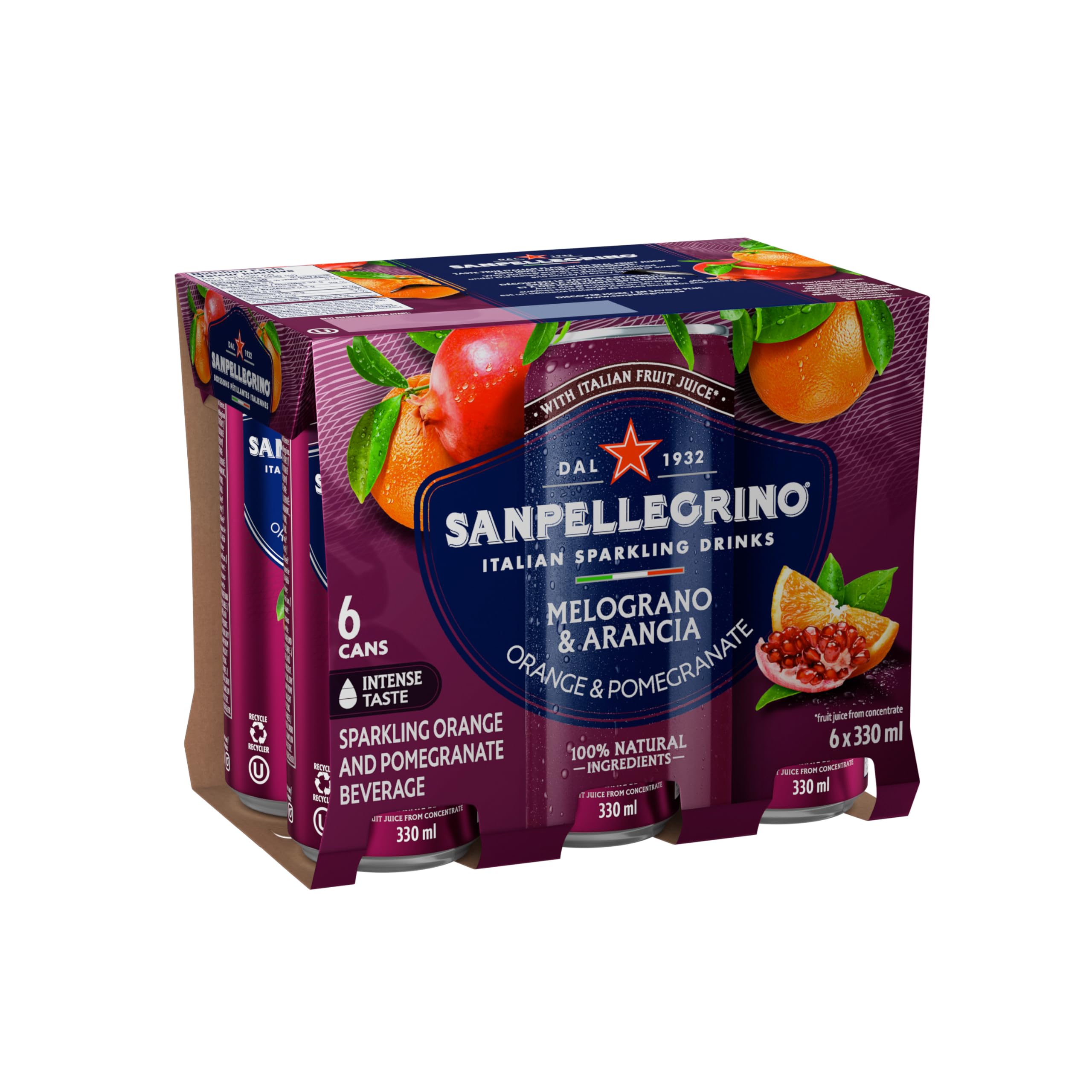 San Pellegrino Naturali – Boisson pétillante italienne Melograno & Arancia, orange et grenade, 330 ml, 24 canettes au total