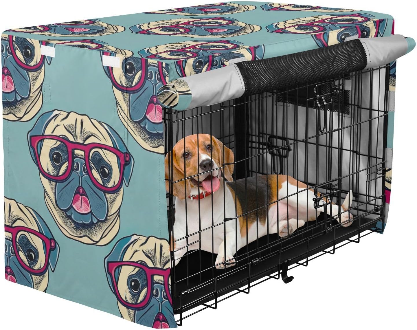 Cute Pug Dogs Green Dog Crate Cover Roll-up Sides, Crate Cover for Dog, X-Large
