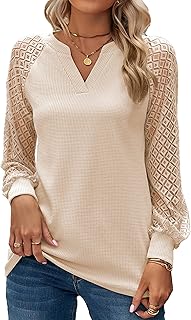 BAISHENGGT Baronin Tunic Women's V-Neck T-Shirt Elegant Raglan Lace Sleeve Blouse Shirts Casual Streetwear Long Sleeve Top...