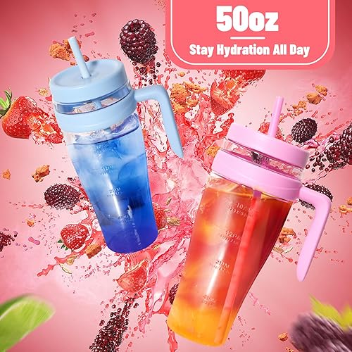 Miniatura 4 de Hydraful Vaso Tritan de 50 onzas con asa, tapa a prueba de fugas y popote, botella de agua de plástico reutilizable con marcador de tiempo, para