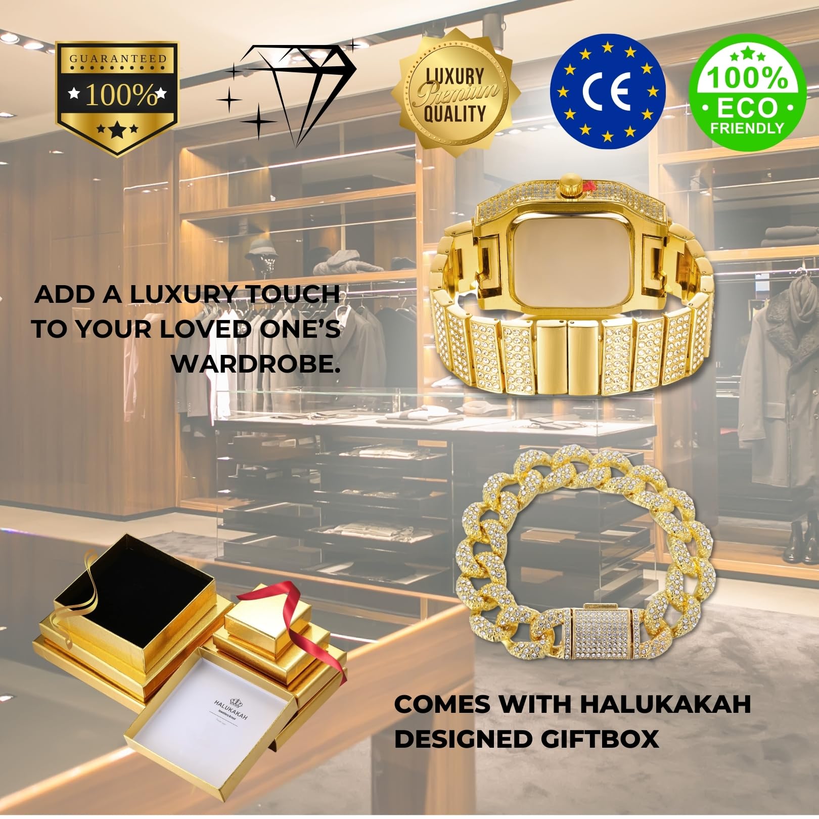 Halukakah Moissanit-Diamant Uhr für Männer – THE Kingdom - 18k Echtgold/Platin Weißgold Plattiert,Schweizer Quarz Römische Ziffern Quadratisches Zifferblatt,22cm Armband,Optional mit Cuban-Link Kette