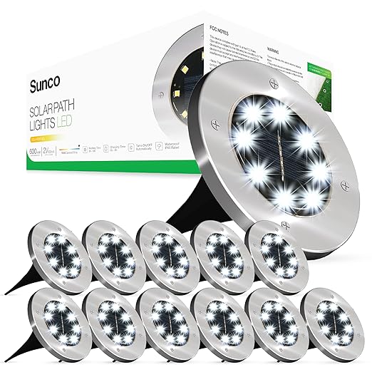 Sunco Lighting 12 Pack Solar Path Lights, Dusk-to-Dawn, 7000K Diamond White, Cross Spike Stake for Easy in Ground Install, Solar Powered LED Landscape Lighting - RoHS/CE