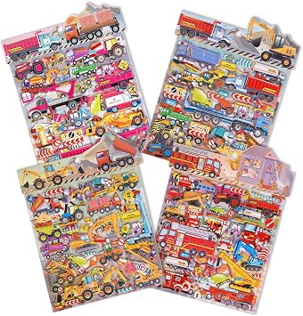 Construction Truck Puffy Stickers for Toddlers Kids 8 Sheets of 3D Vehicle Stickers Featuring Cars, Excavators, Tractor, BulldozersReusable Large Transportation Puff Sticker for Boys Girls