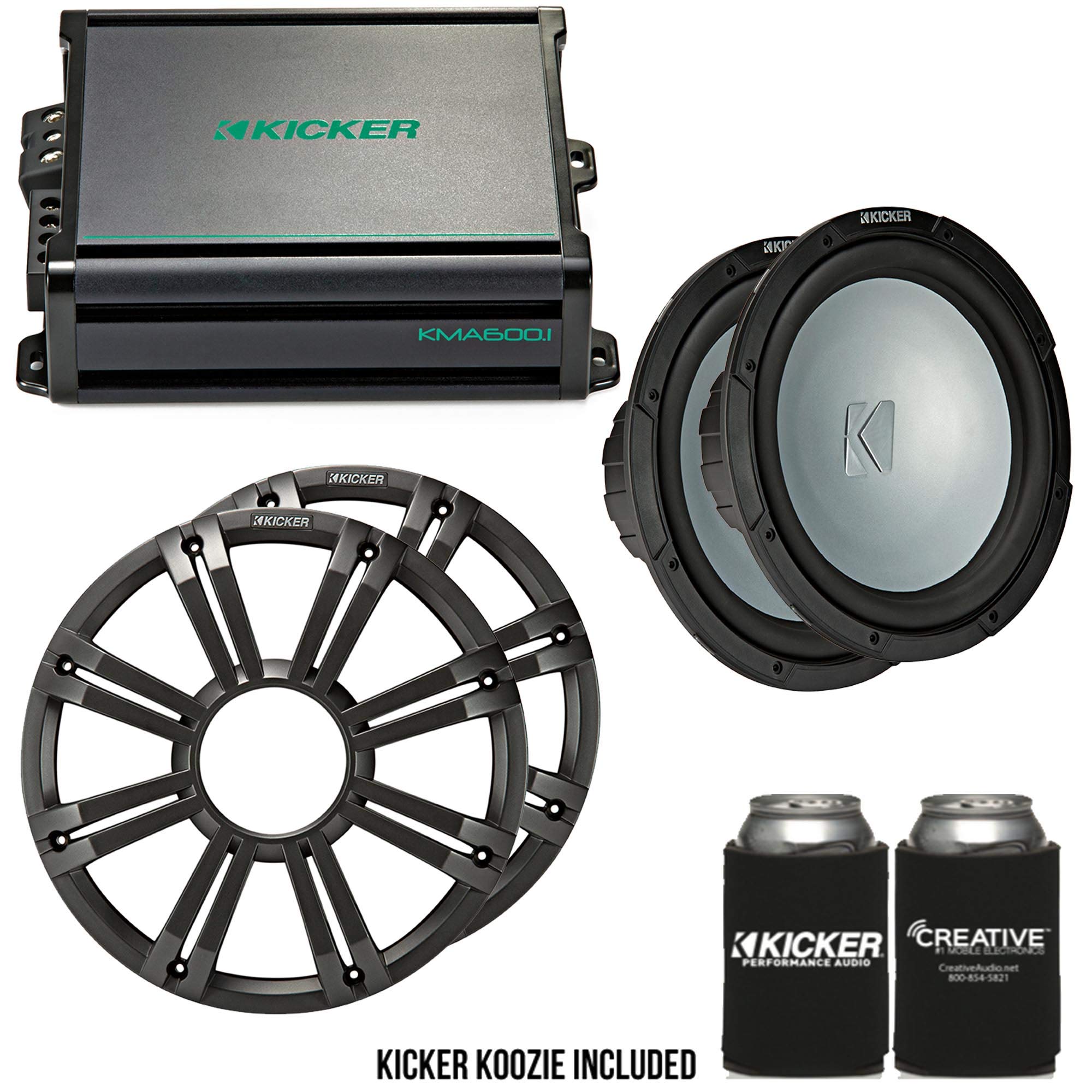 Kicker - Two 12 Inch LED Marine Subwoofers in Charcoal, 1 Pair with 600 Watt Amplifier Bundle