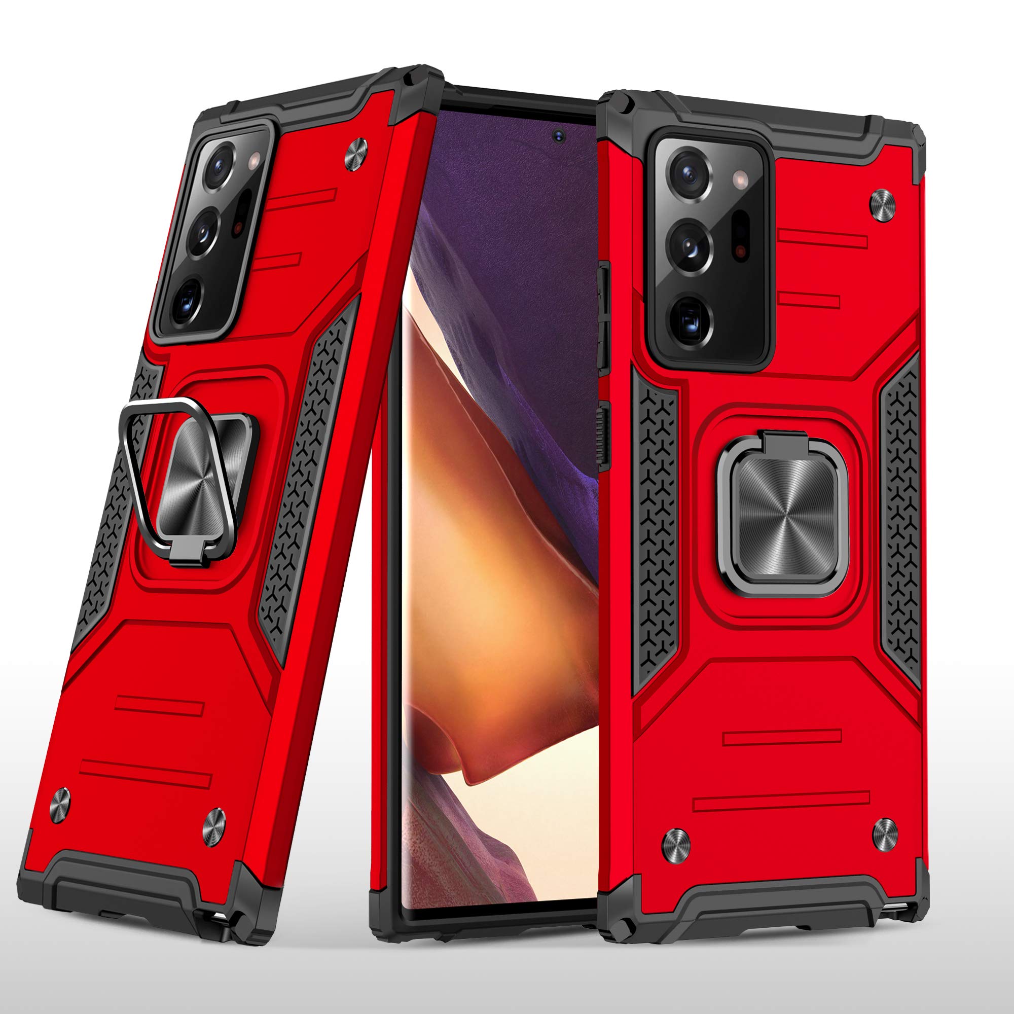 for Samsung Galaxy Note 20 Ultra case Cover, with Tempered Glass Screen Protector Rebex Tough Heavy Protective Ring Kickstand Holder Grip Built-in Magnetic Metal Plate Heavy Duty Shockproof (Red)