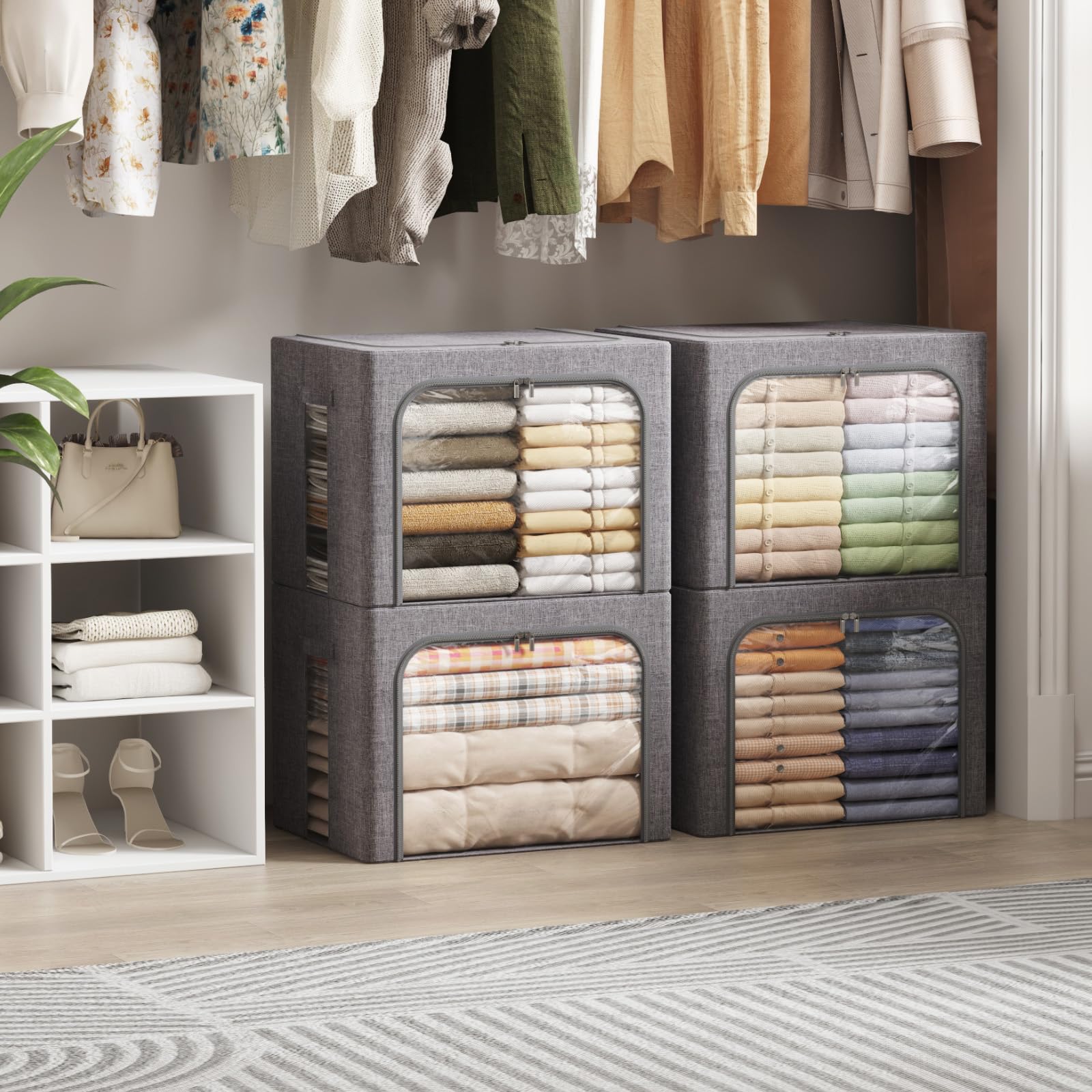 Lifewit Cajas Almacenaje Ropa con Marco de Metal, Organizador Armario Apilable, Bolsas Almacenaje Ropa, Bolsas Para Guardar Ropa, Edredones, Colchas, Gris Claro, 75 L, 4 Piezas