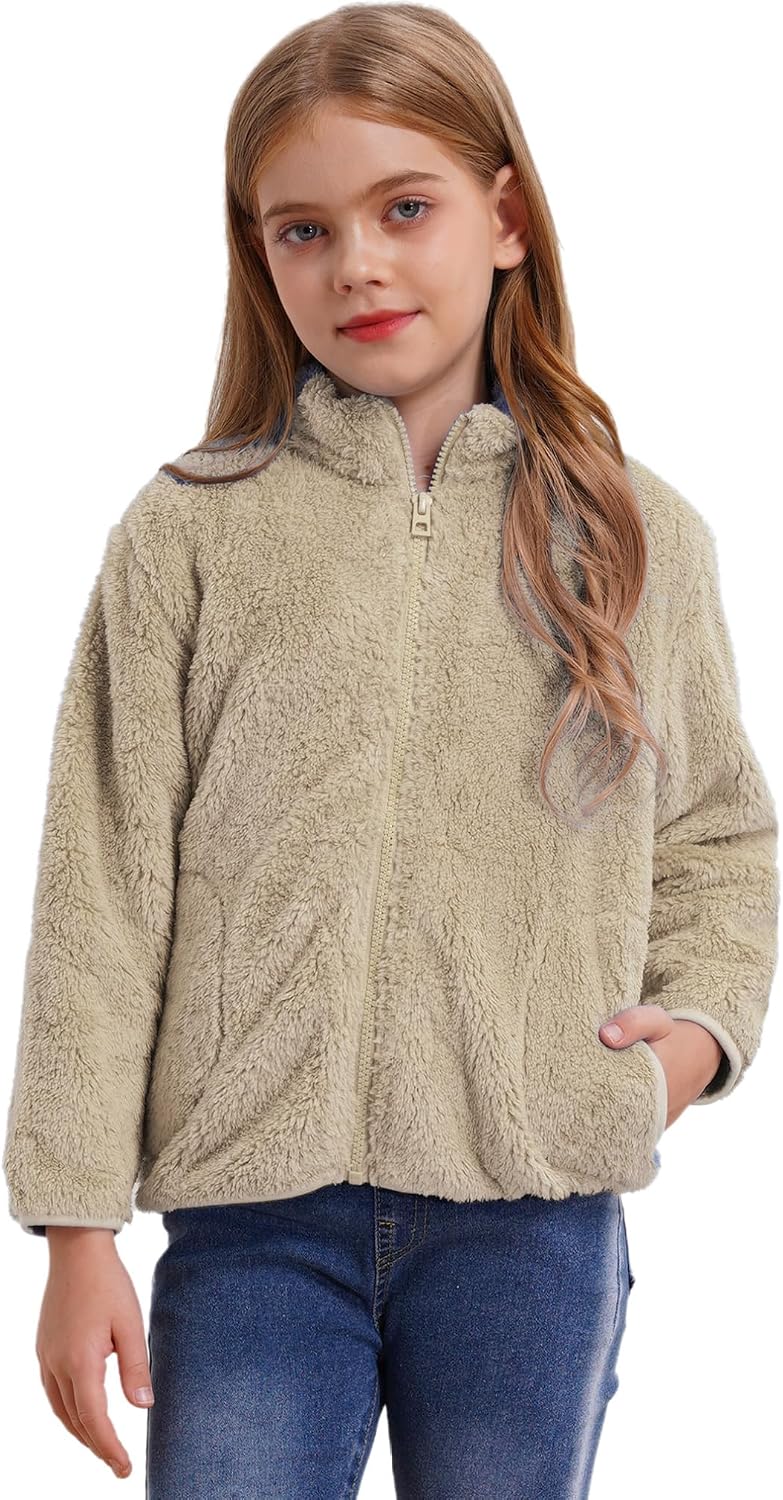 ranrann Kids Girls Boys Long Sleeves Fleece Jacket Full Zip Sherpa Warm Coat with Pockets Outerwear Winter Causal Wear