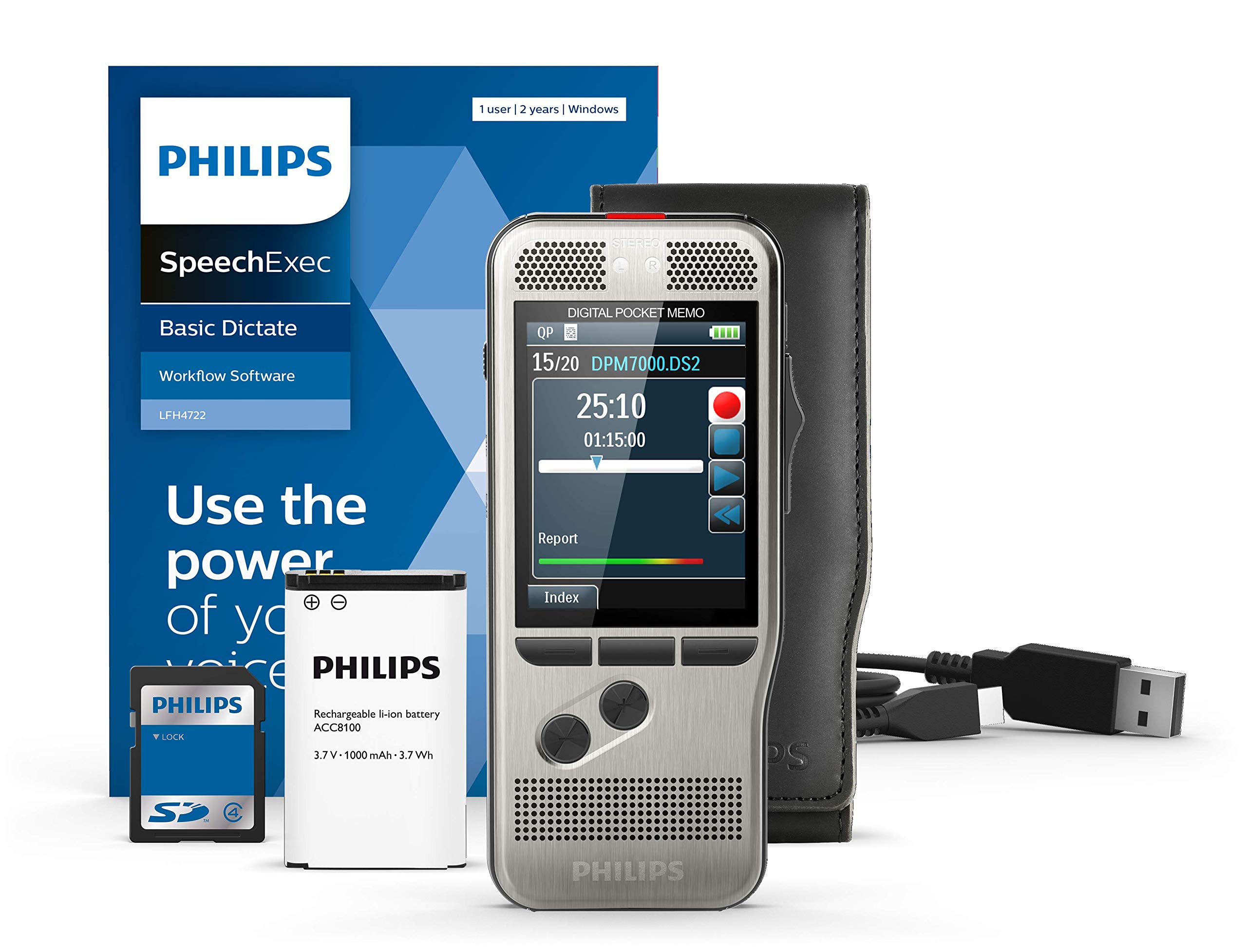 Philips Pocket Memo Digitales Diktiergerät DPM7200 Schiebeschalter-Bedienung, 2 Mikrofone für Stereo-Tonaufnahmen, Farbdisplay, Edelstahlgehäuse, inkl. Diktiersoftware SpeechExec Basic 2-Jahres-ABO