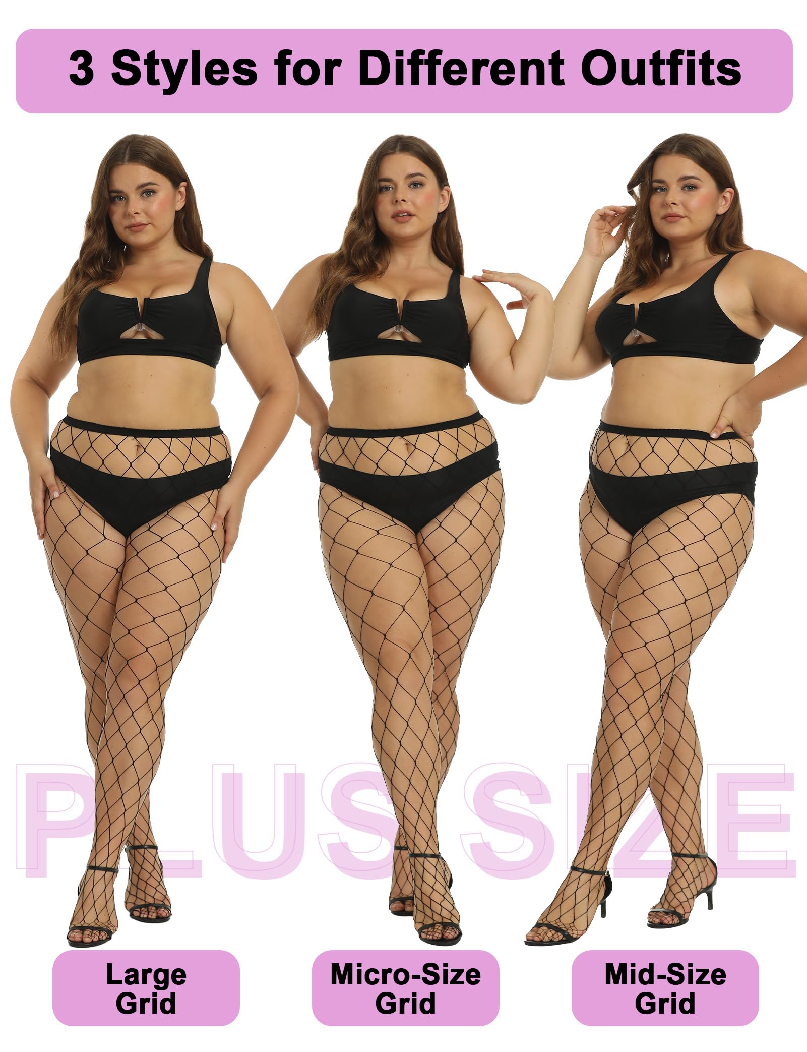 Buauty Plus Size Fishnet Stockings for Women - 3 Pairs Sexy Fishnets Tights, Halloween Fish Net Stockings,Gothic Clothes: Queen Black Large Mesh