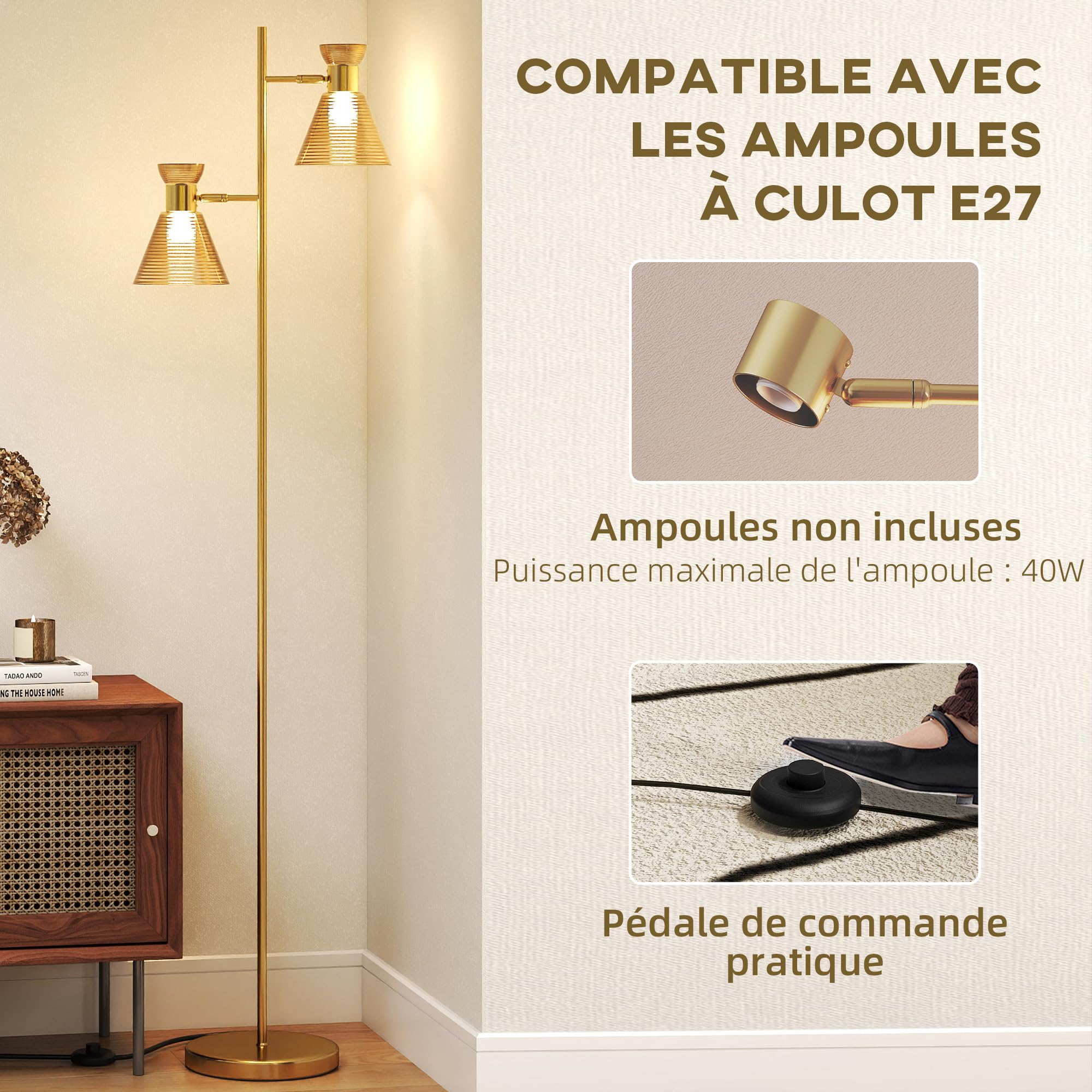 HOMCOM Lámpara de pie de salón con doble cabezal regulable, moderna lámpara de pie con pantalla de cristal floral, casquillo E27, para salón, dormitorio, estudio, bombilla no incluida, dorada