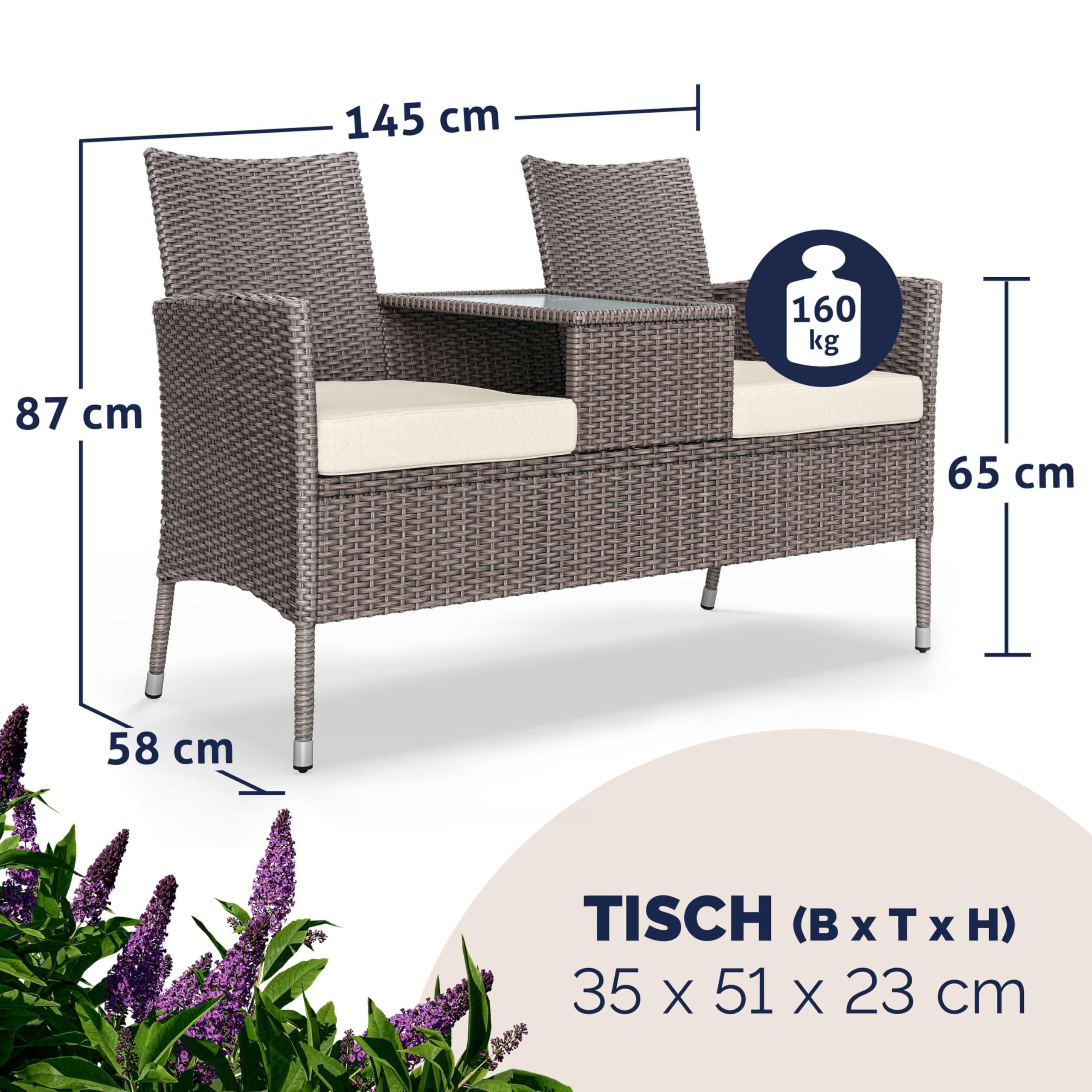 Casaria® Gartenbank Wetterfest Polyrattan Tisch Auflagen 320kg Belastbarkeit UV-beständig Garten Balkon Bank Möbel Sitzbank 2-Sitzer 143x55x88cm Creme