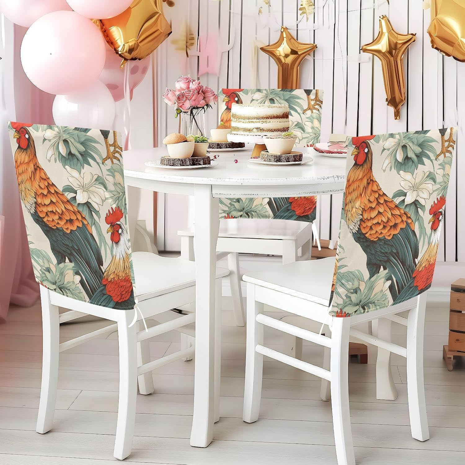 ALAZA Rooster White Flowers Chair Back Cover Set of 6, Washable Reusable Removable Chair Slipcovers Decorative Chair Cover for Home Kitchen Wedding Party