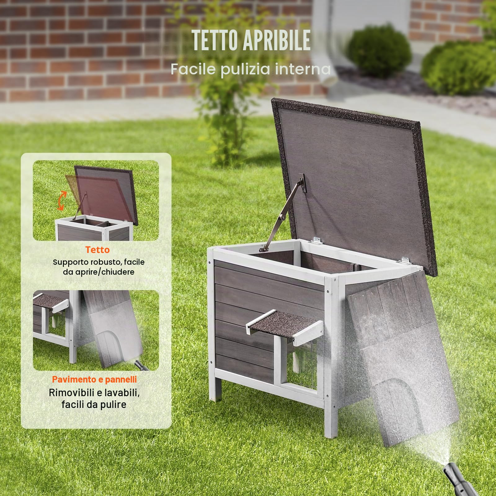 VEVOR Cuccia per Gatti da Esterno, 610x508x535 mm, Cuccia per Gatti in Legno, Resistente alle Intemperie, Isolamento in Schiuma, Tetto Aperto, Porta a Ribalta, Cuccia per Gatti Animali, Grigio