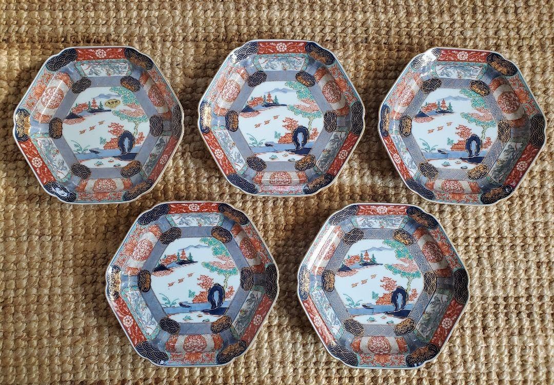 有田焼 其泉窯 伊良保山水焼物皿揃 貝山作 角皿5枚 有田焼 其泉窯 伊良