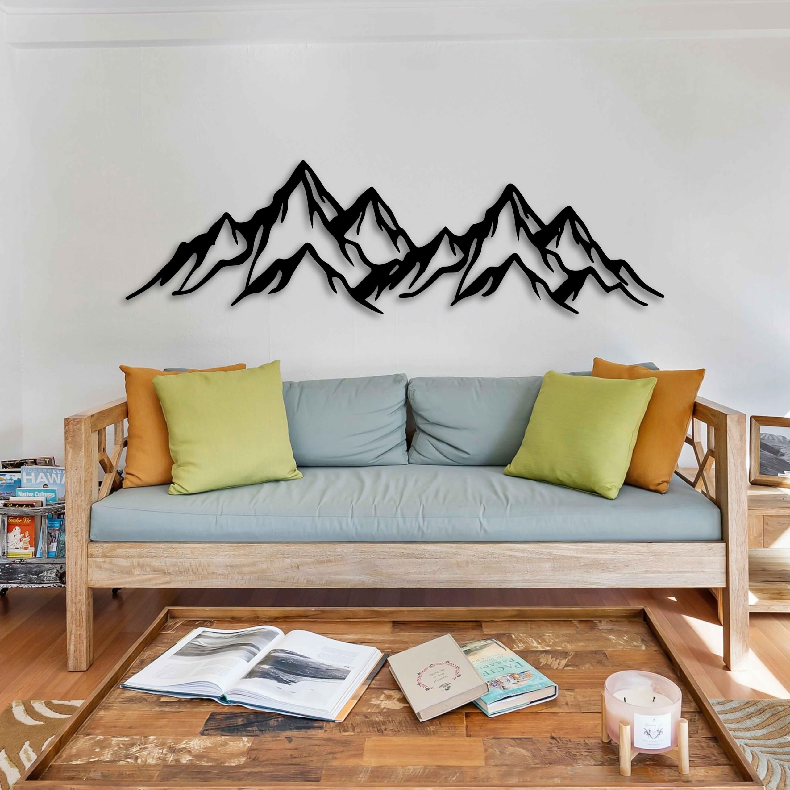 KAWA METALWORKS Arte de pared de metal de montaña extragrande, decoración de pared de metal de colinas, escultura de pared de metal horizontal, decoración de pared grande sobre la cama, decoración